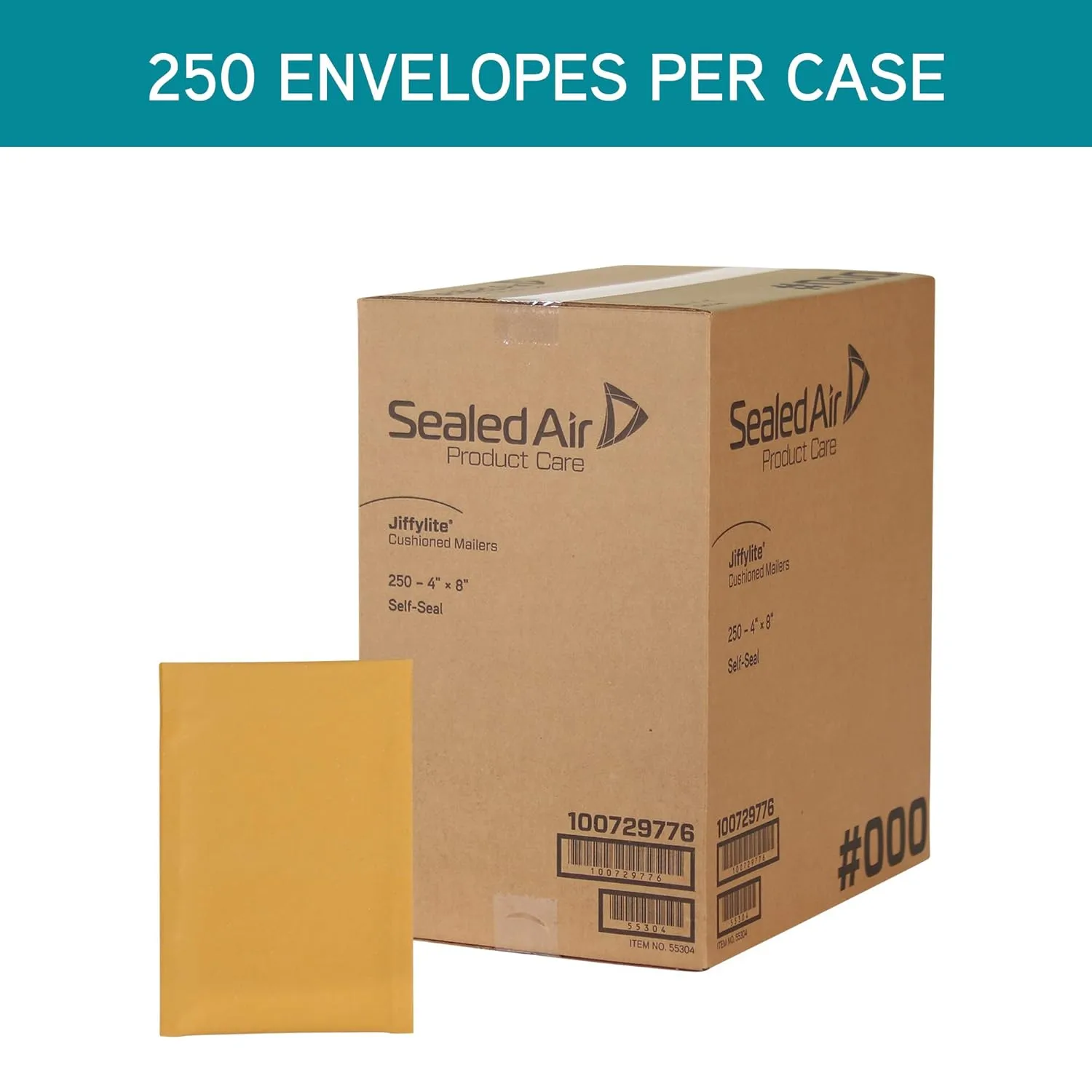 Sealed Air JiffyLite Bubble Cushioned Shipping Mailers, Case of 250, Self Seal Recycled Mailing Envelope made with BubbleWrap, #000 - 4" x 8", Manila