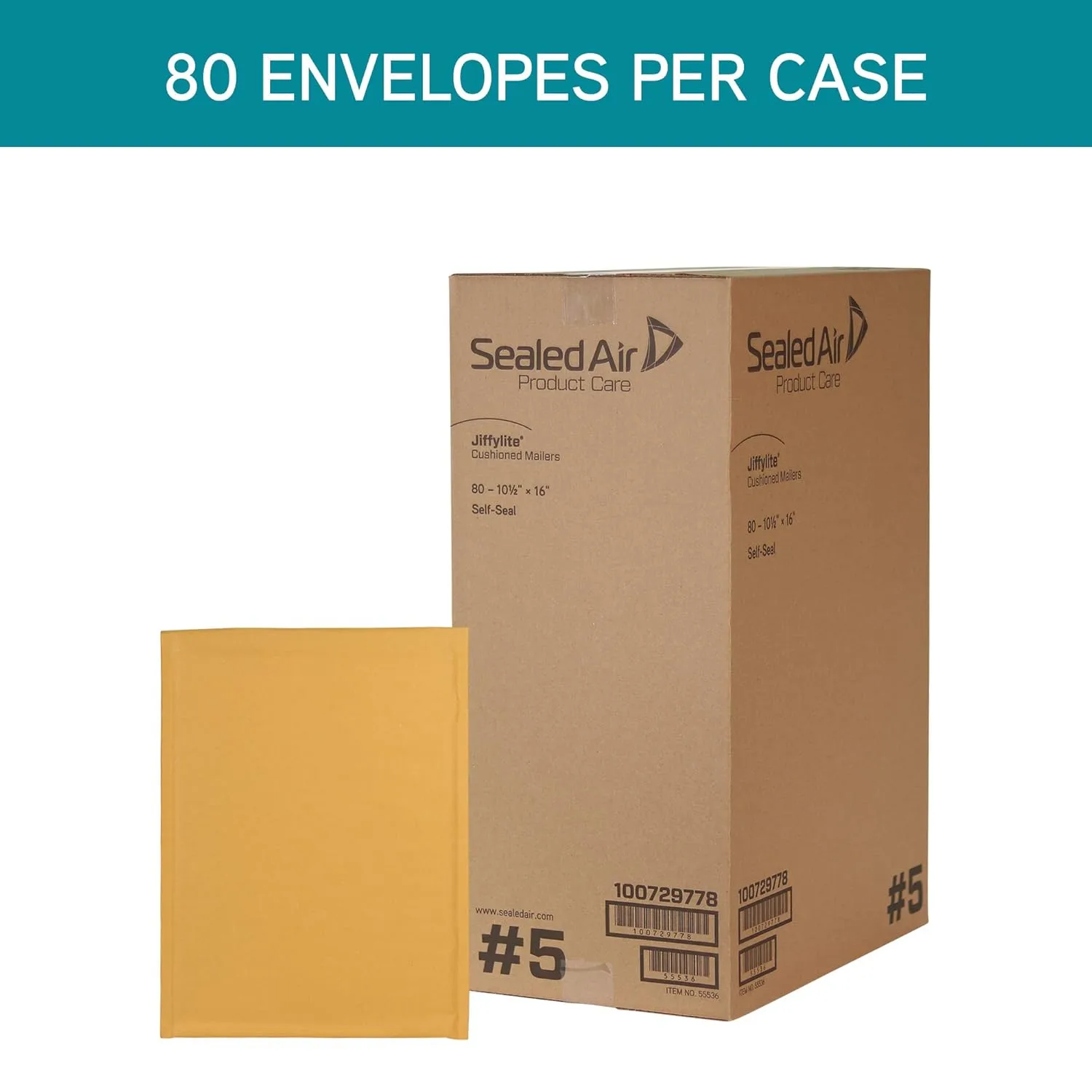 Sealed Air Jiffylite Self-Seal Bubble Mailer, #5, Barrier Bubble Air Cell Cushion, Self-Adhesive Closure, 10.5 x 16, Brown Kraft, 80/CT