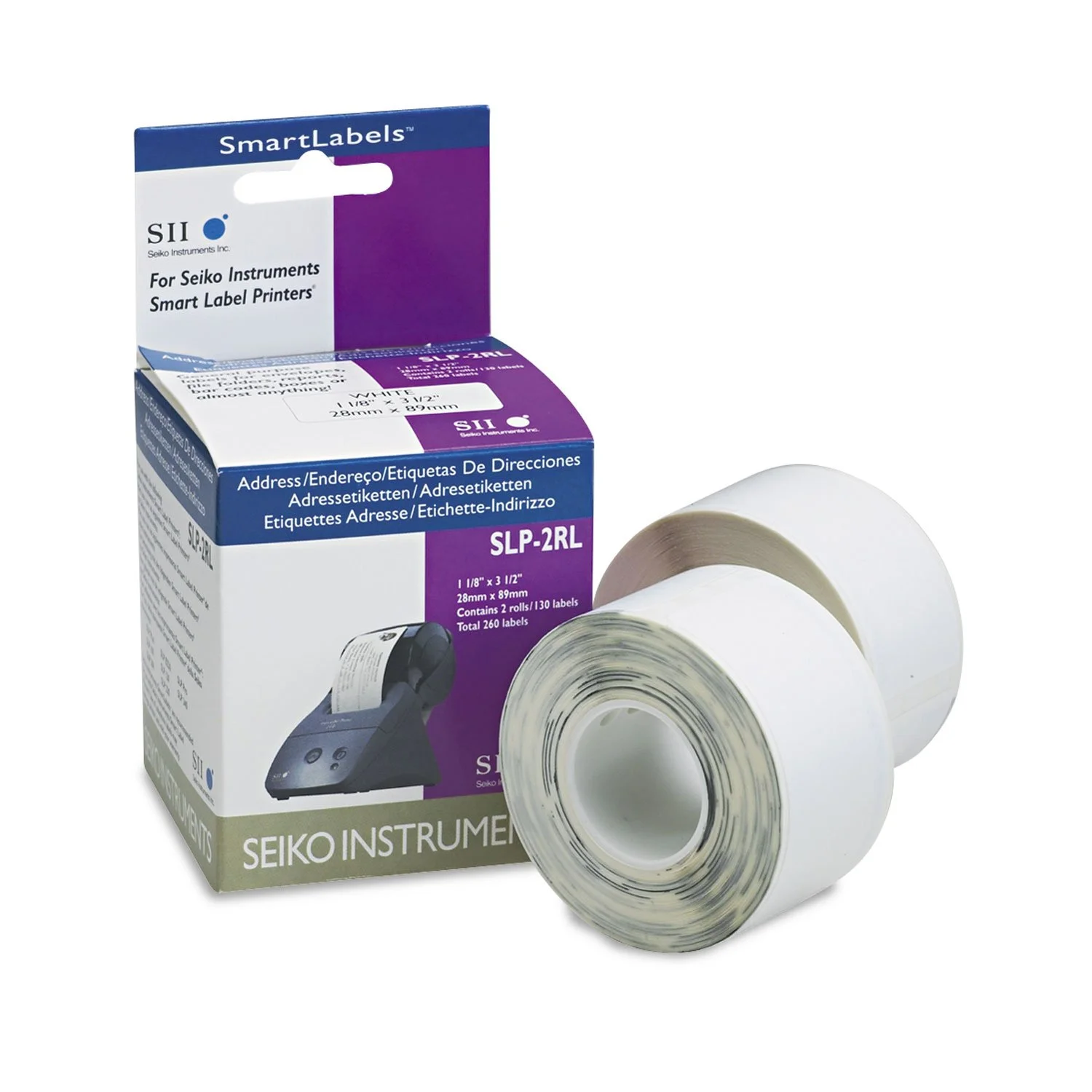 Seiko SmartLabel Address Labels, SKPSLP2RL, Rectangle, 1-1/8in x 3-1/2in, White, 130 Labels Per Roll, Box Of 2 Rolls