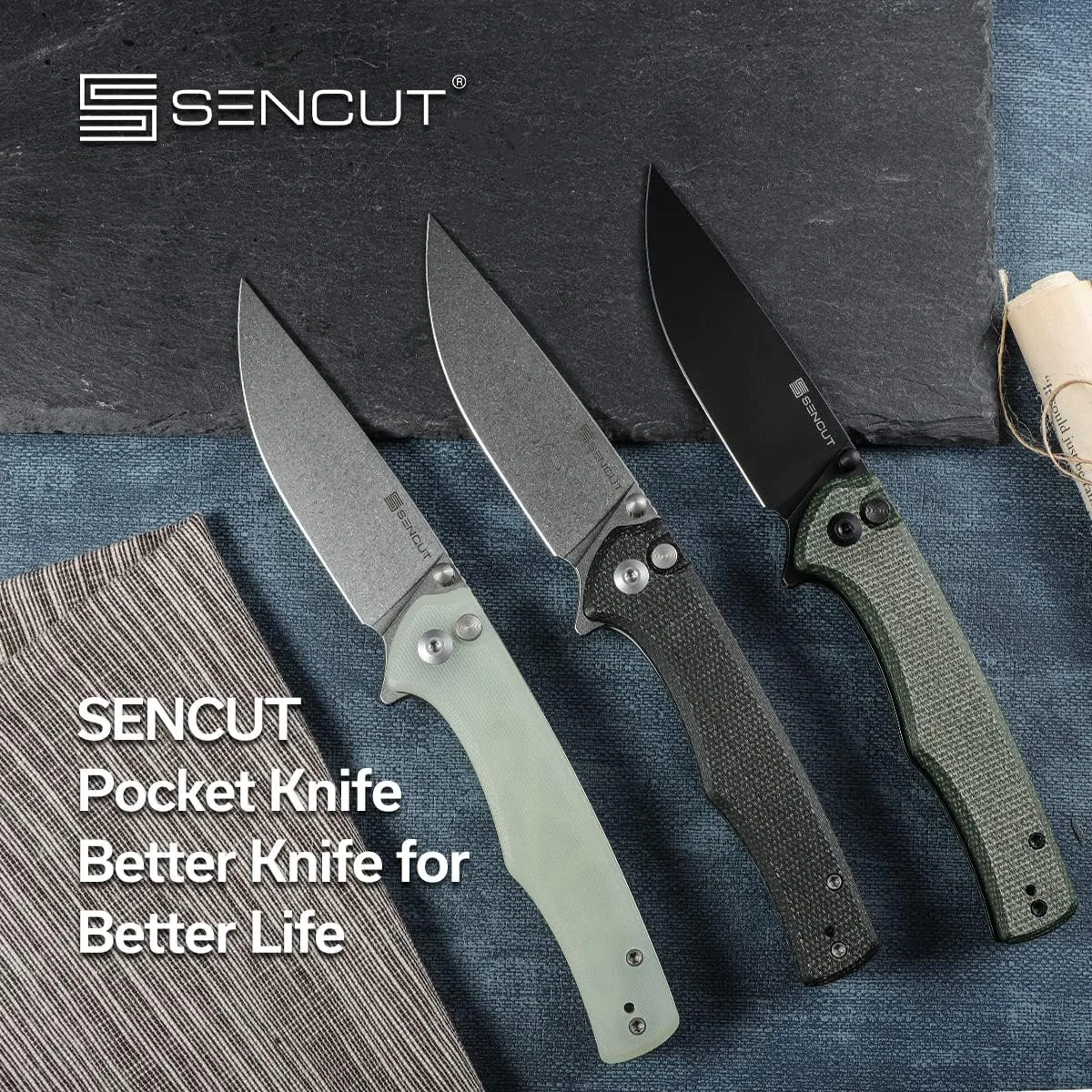 SENCUT Crowley Pocket Knife Button Lock Folding Knife for EDC, Natural G10 Handle Stonewashed D2 Blade Foldable Knife