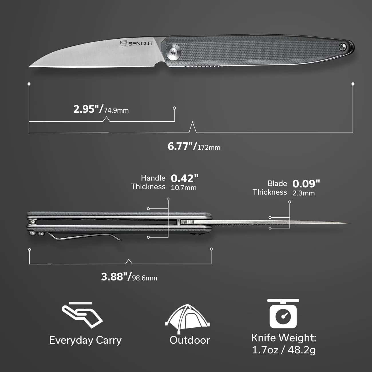 SENCUT Jubil Folding Pocket Knife D2 Wharncliffe, G10 Handle, Front Flipper