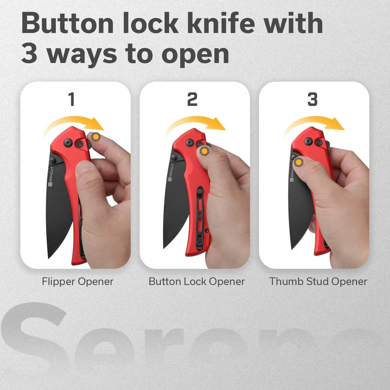 SENCUT Serene Button Lock Folding Pocket Knife with 3.48" D2 Stonewashed Blade, Aluminum Handle, Thumb Stud & Flipper