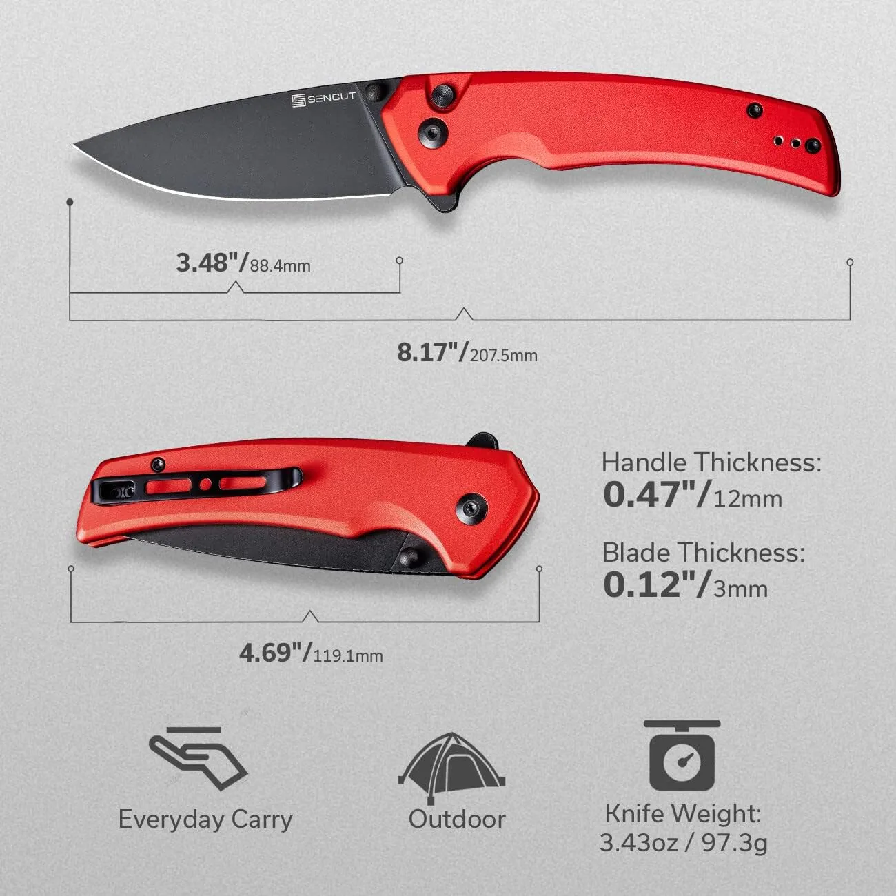 SENCUT Serene Button Lock Folding Pocket Knife with 3.48" D2 Stonewashed Blade, Aluminum Handle, Thumb Stud & Flipper