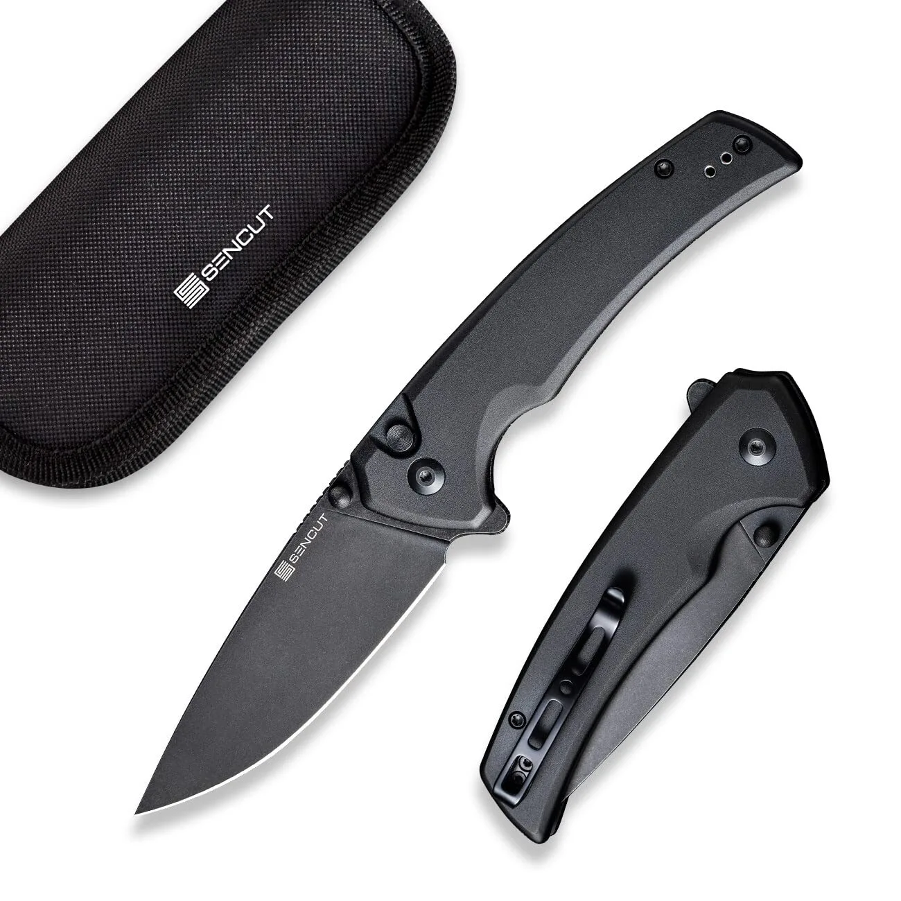 SENCUT Serene Button Lock Folding Pocket Knife with 3.48" D2 Stonewashed Blade, Aluminum Handle, Thumb Stud & Flipper