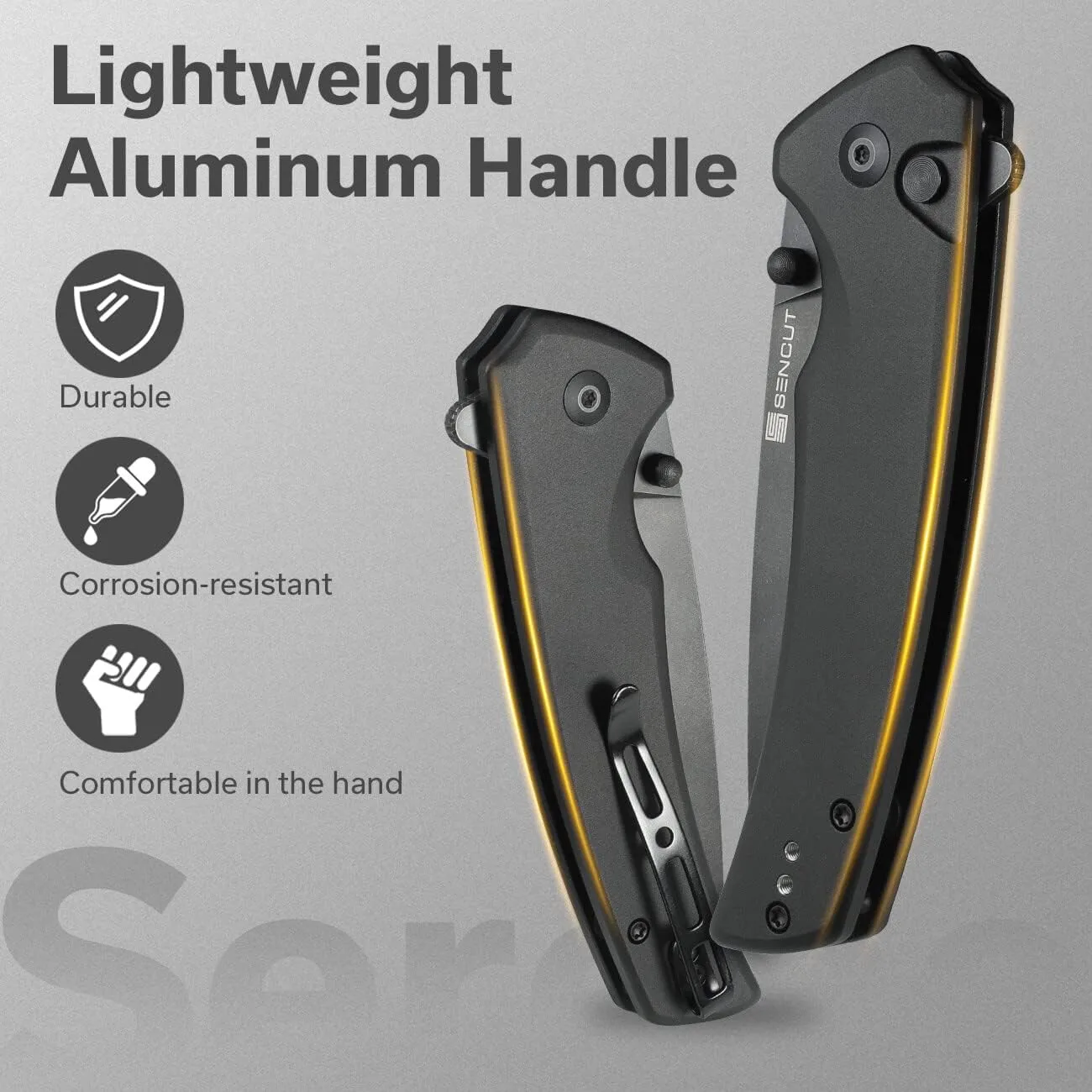 SENCUT Serene Button Lock Folding Pocket Knife with 3.48" D2 Stonewashed Blade, Aluminum Handle, Thumb Stud & Flipper