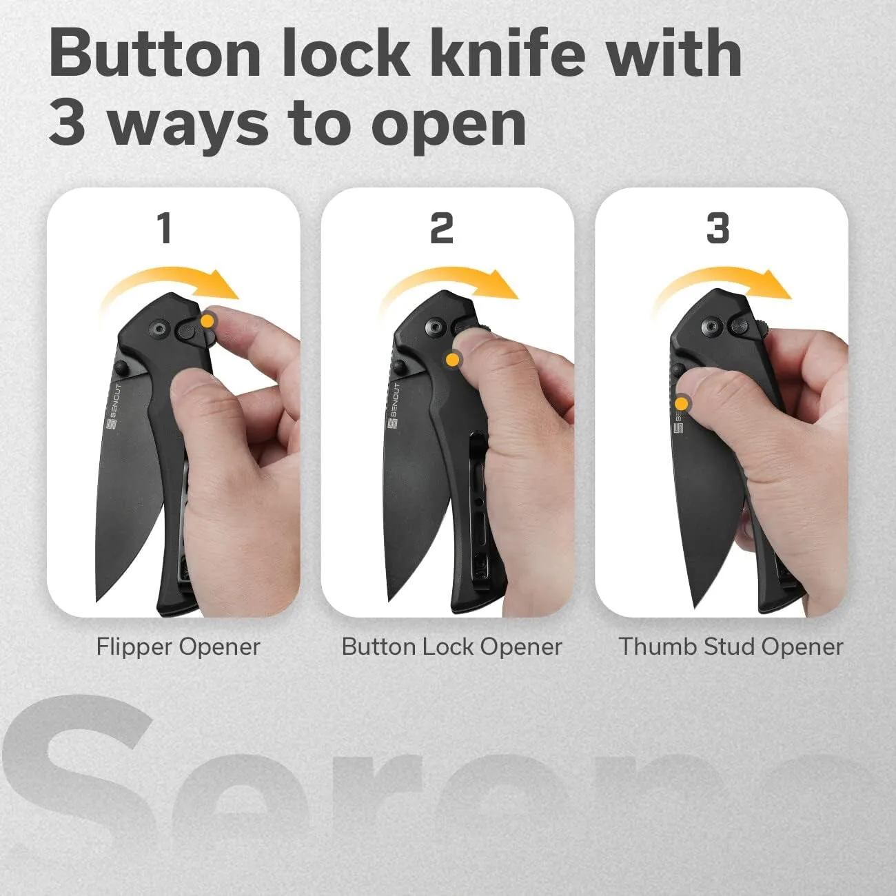 SENCUT Serene Button Lock Folding Pocket Knife with 3.48" D2 Stonewashed Blade, Aluminum Handle, Thumb Stud & Flipper