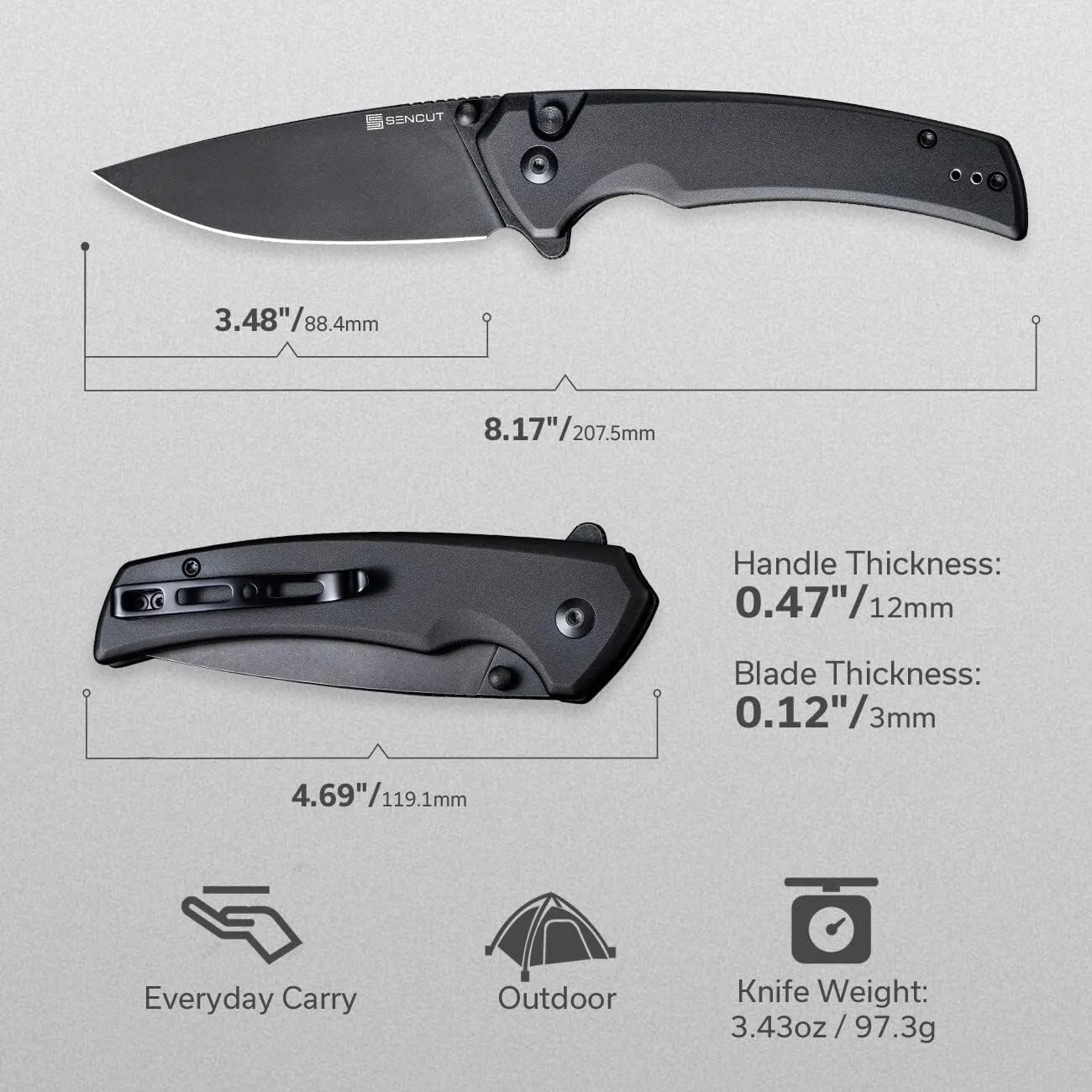 SENCUT Serene Button Lock Folding Pocket Knife with 3.48" D2 Stonewashed Blade, Aluminum Handle, Thumb Stud & Flipper
