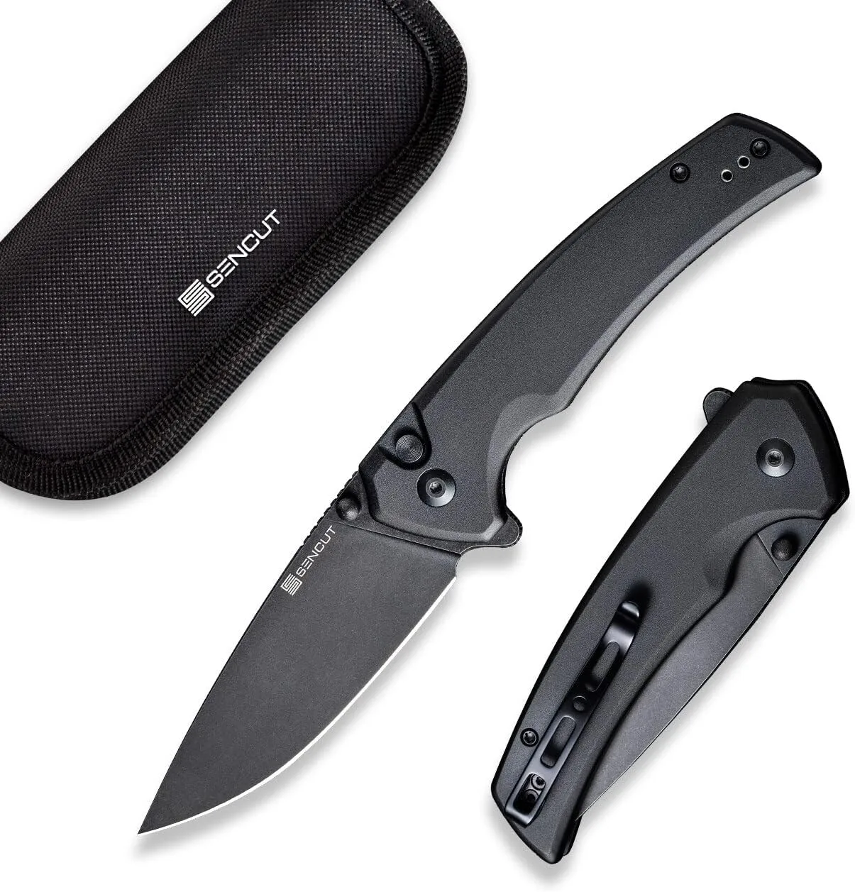 SENCUT Serene Button Lock Folding Pocket Knife with 3.48" D2 Stonewashed Blade, Aluminum Handle, Thumb Stud & Flipper