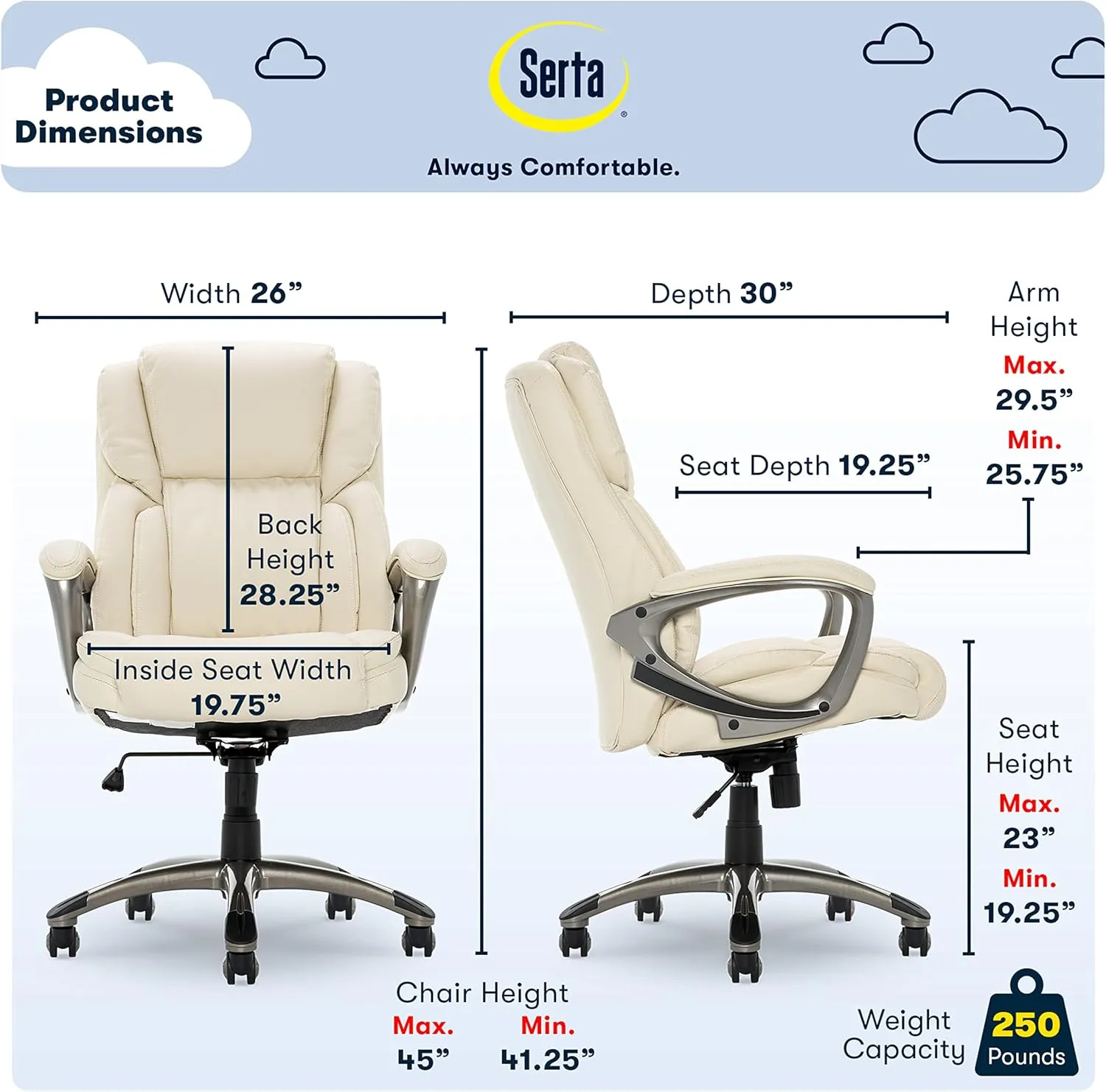 Serta Executive Office Chair, Adjustable Ergonomic Computer Chair with Layered Body Pillows, Waterfall Seat Edge