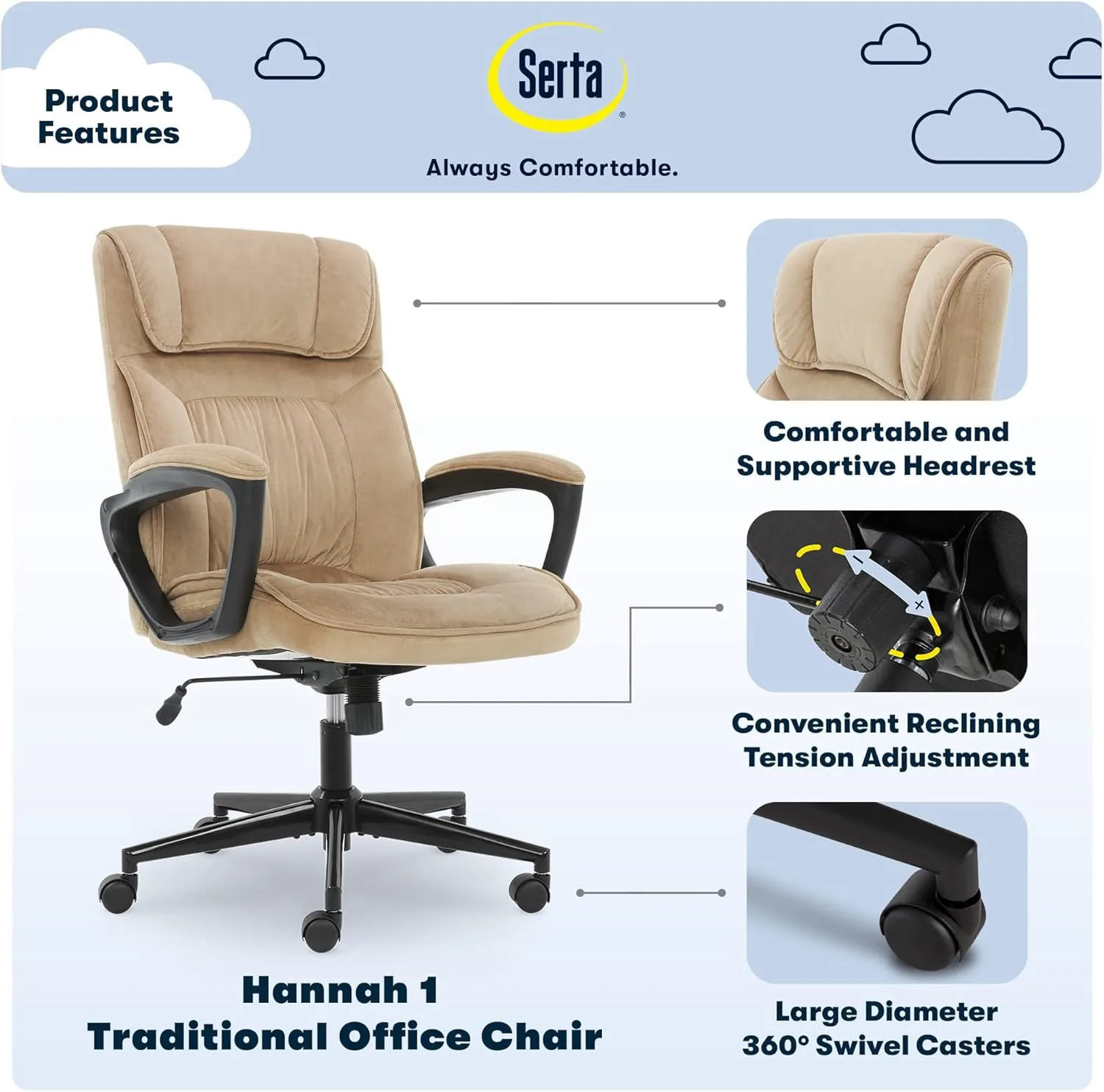 Serta Hannah Executive Home Office Desk Chair, Ergonomic Mid-Back with Lumbar Support, Firm Seat Cushion