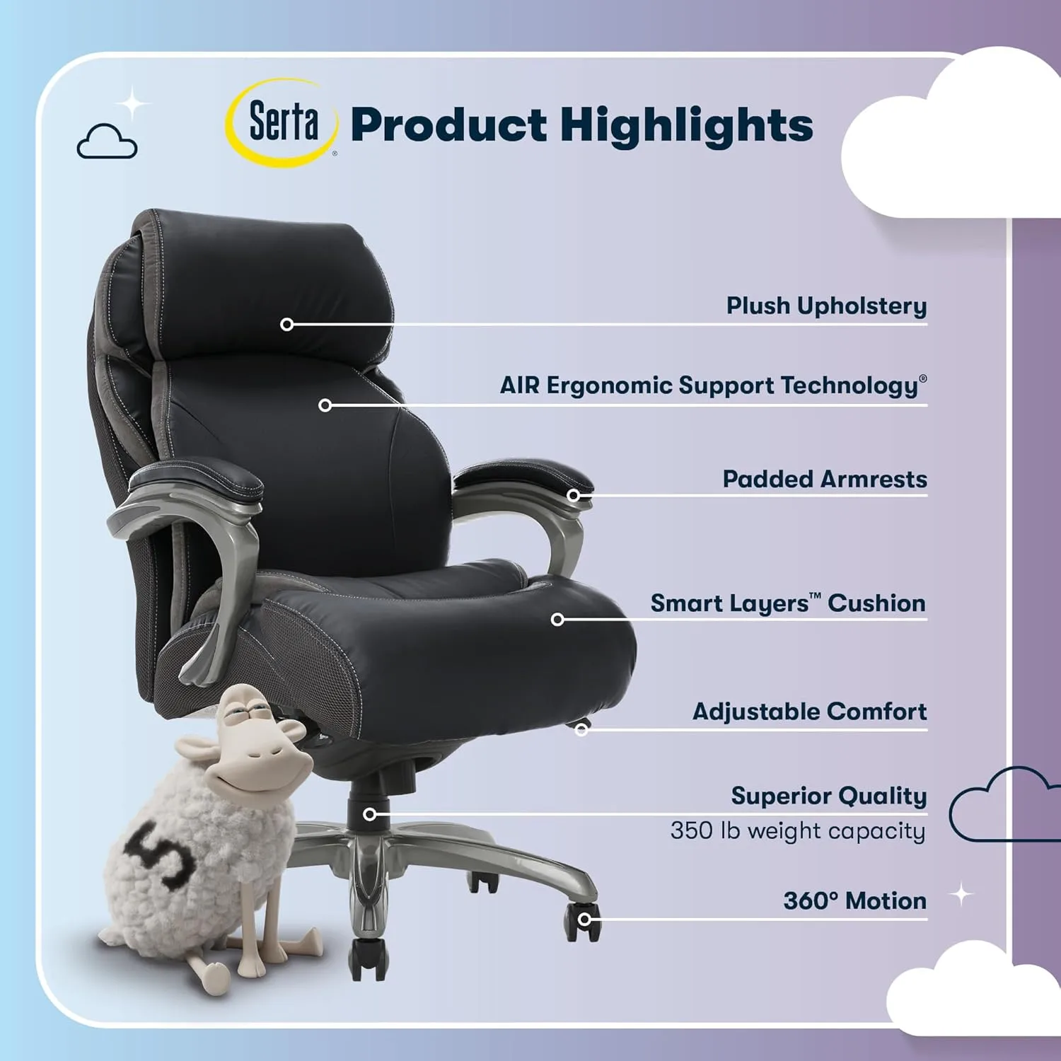 Serta Jackson Big and Tall Executive Home Office Chair with Smart Layers Technology, Wide Seat Cushion