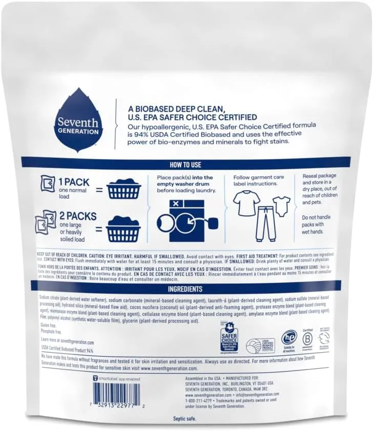 Seventh Generation Laundry Detergent Packs, Free & Clear, Made for Sensitive Skin, 45 Count