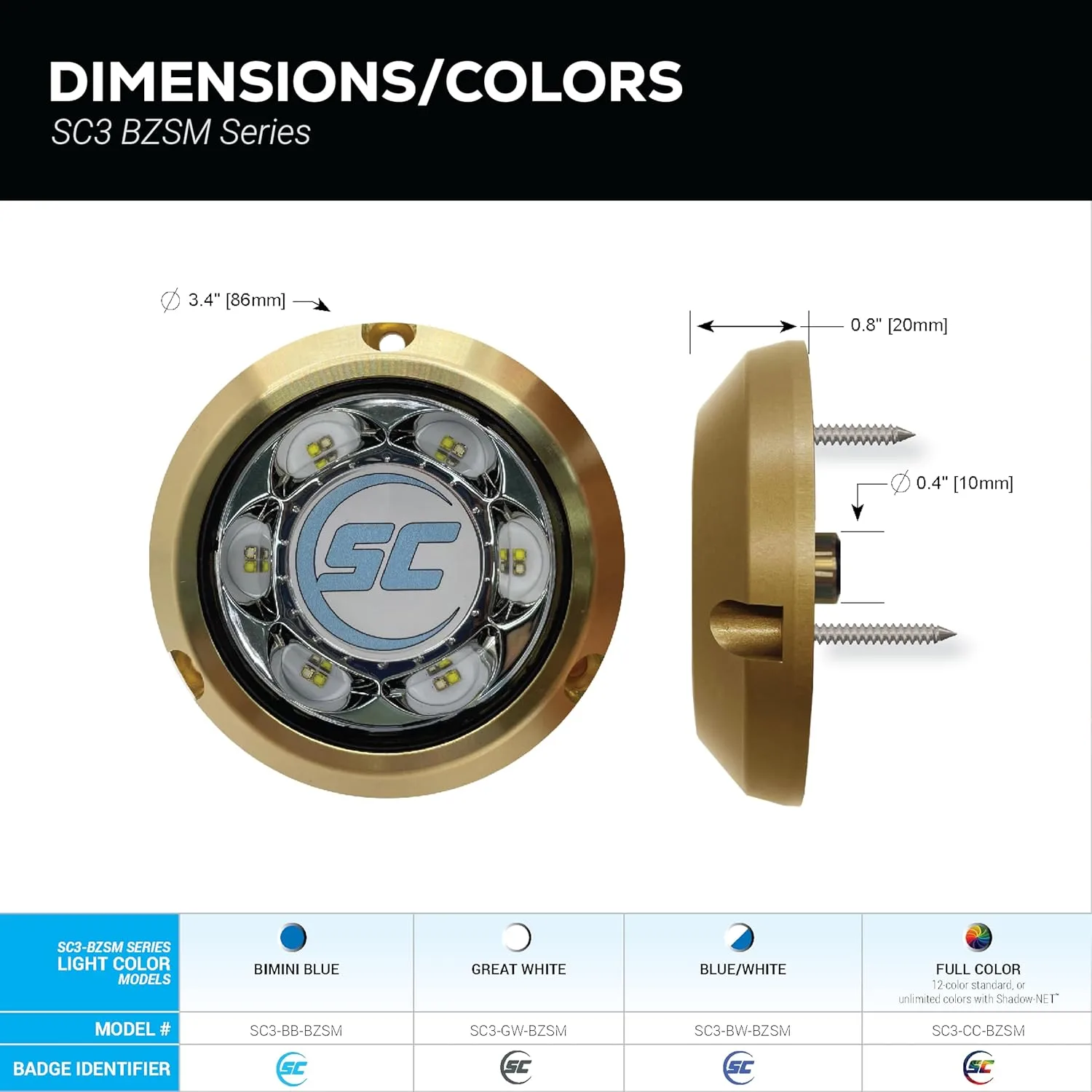shadow-caster SC3 3" Bronze LED Underwater Boat Light - Dual Color Blue/White Combo - 24 Watts - Tempered Glass Lens