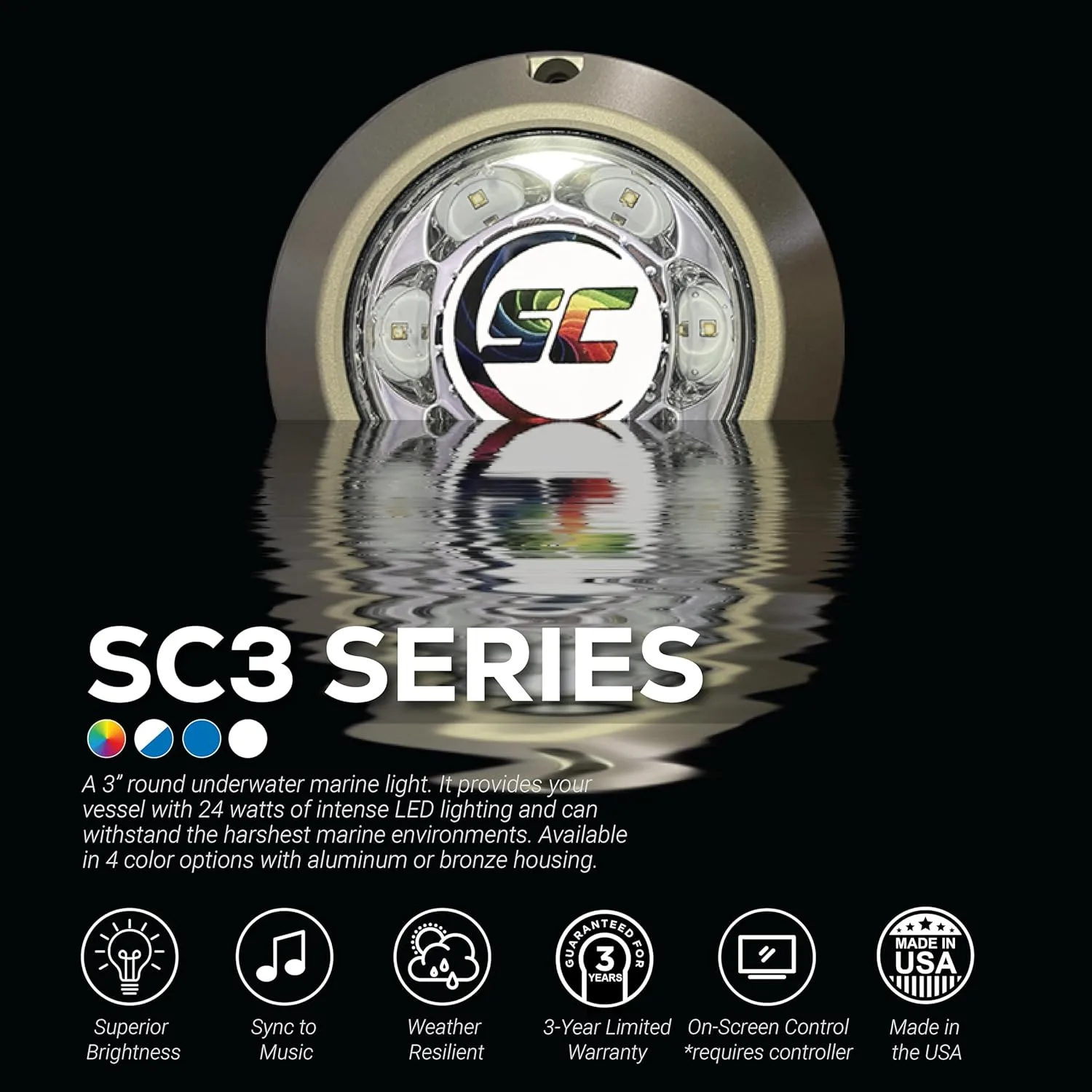 shadow-caster SC3 3" Bronze LED Underwater Boat Light - Dual Color Blue/White Combo - 24 Watts - Tempered Glass Lens