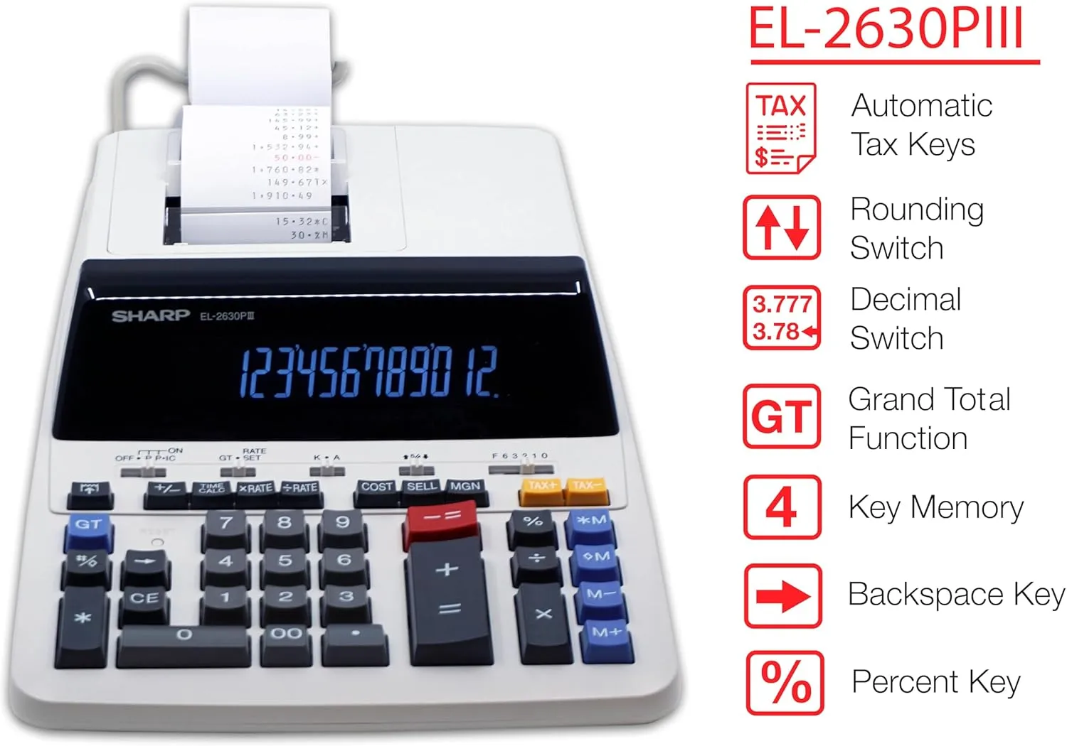Sharp EL-2630PIII Printing Calculator, 12-Digit, Off White