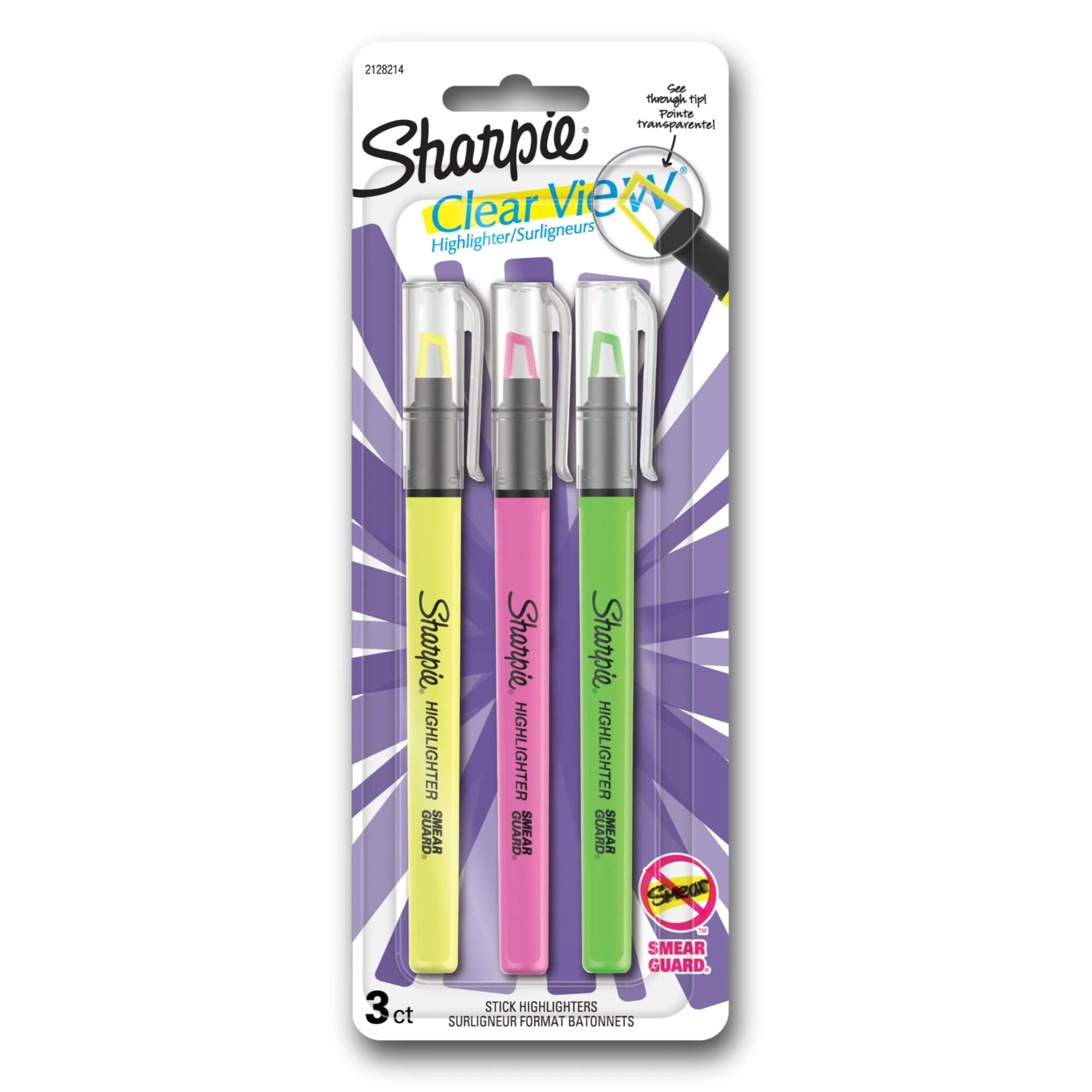 Sharpie Clear View Highlighter Stick, Assorted, 3/Pack (1950748) Yellow+Pink+Green 3 Count (Pack of 1)