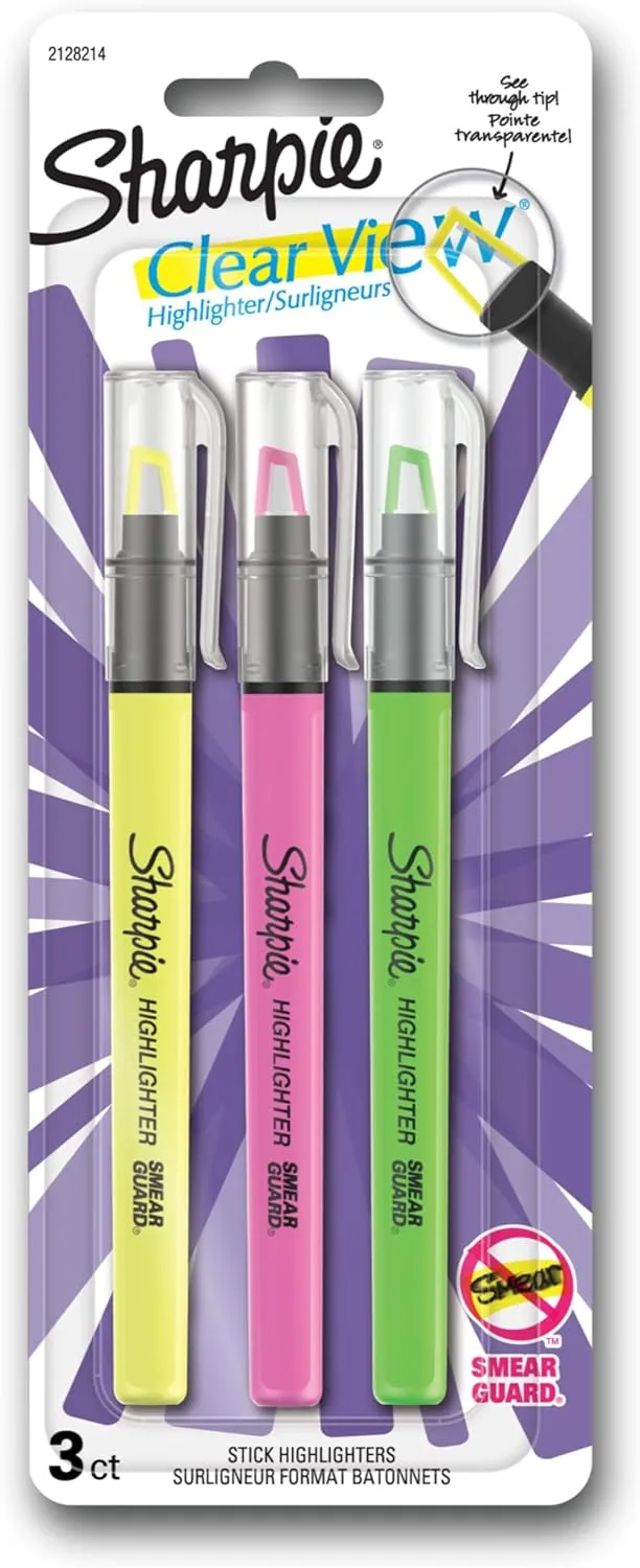 Sharpie Clear View Highlighter Stick, Assorted, 3/Pack (1950748) Yellow+Pink+Green 3 Count (Pack of 1)