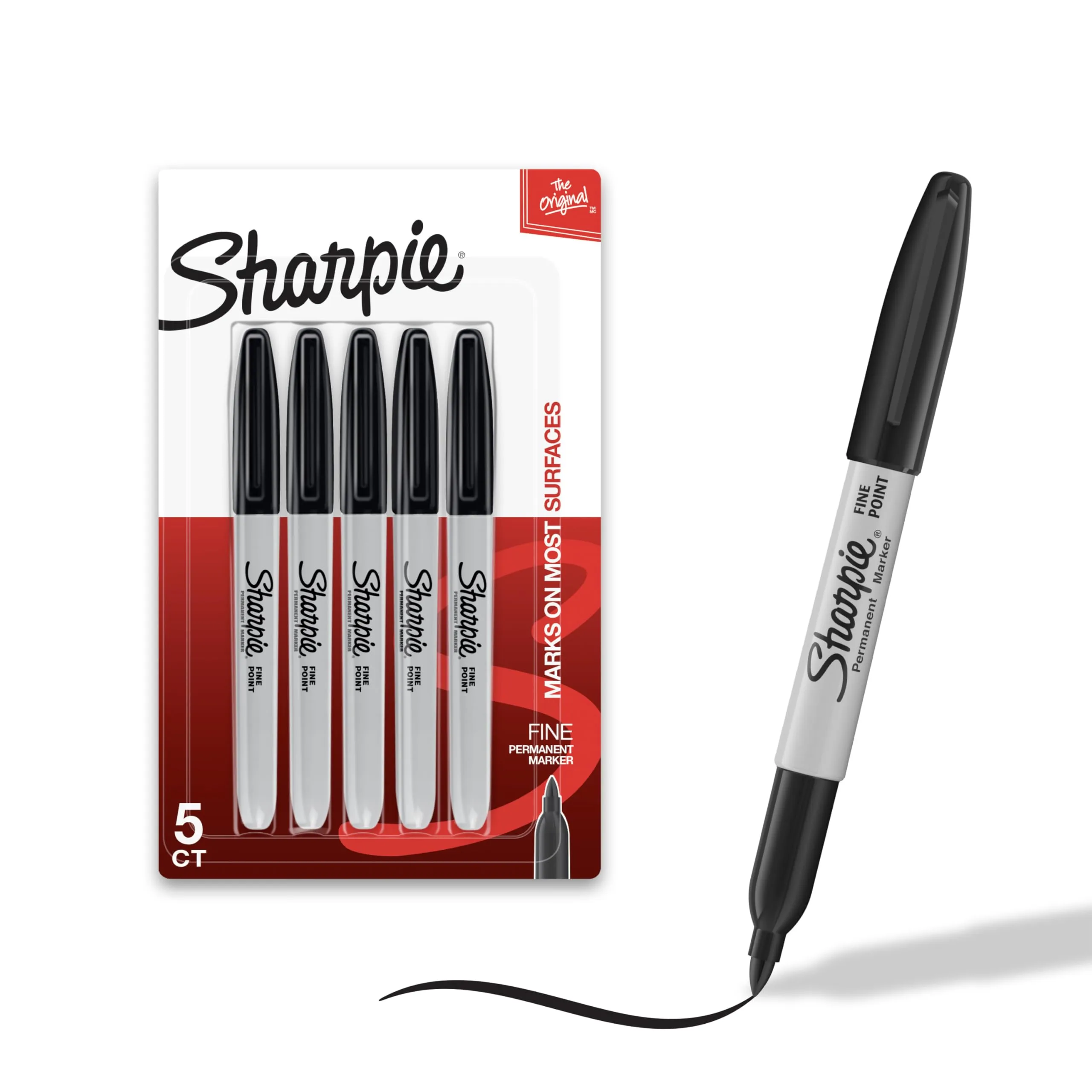 Sharpie Fine Point Permanent Markers, Black Ink, Gray Barrel, 5 Count