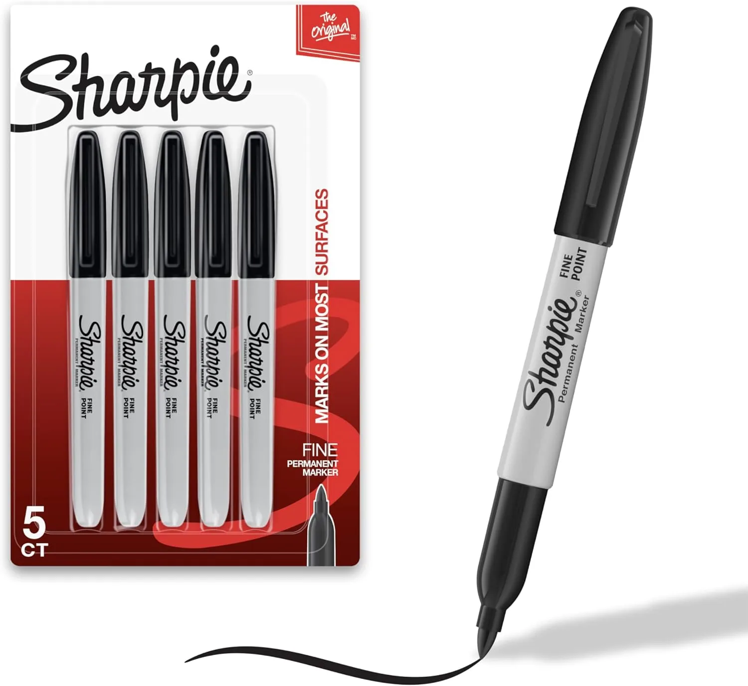 Sharpie Fine Point Permanent Markers, Black Ink, Gray Barrel, 5 Count