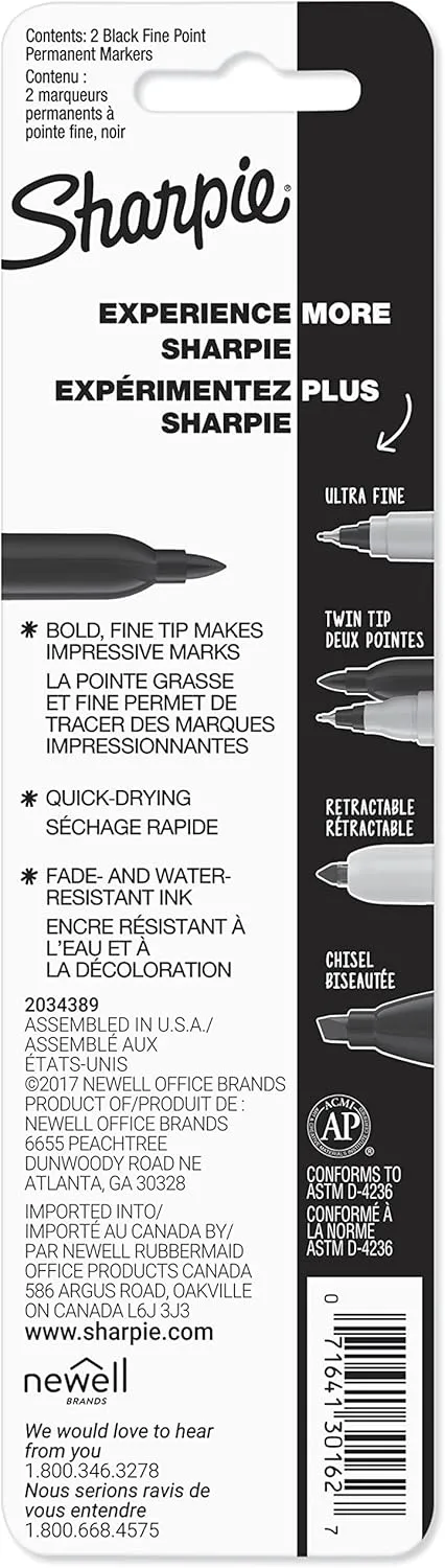 Sharpie 30162PP Permanent Markers, Fine Point, Black, 2 Count