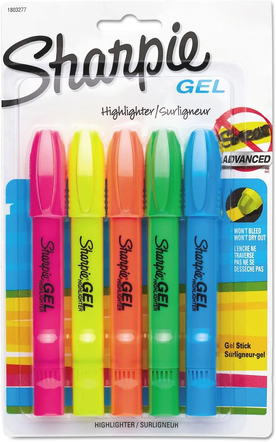 Sharpie Gel Highlighters, Bullet Tip, Assorted Fluorescent Colors, 5 Count