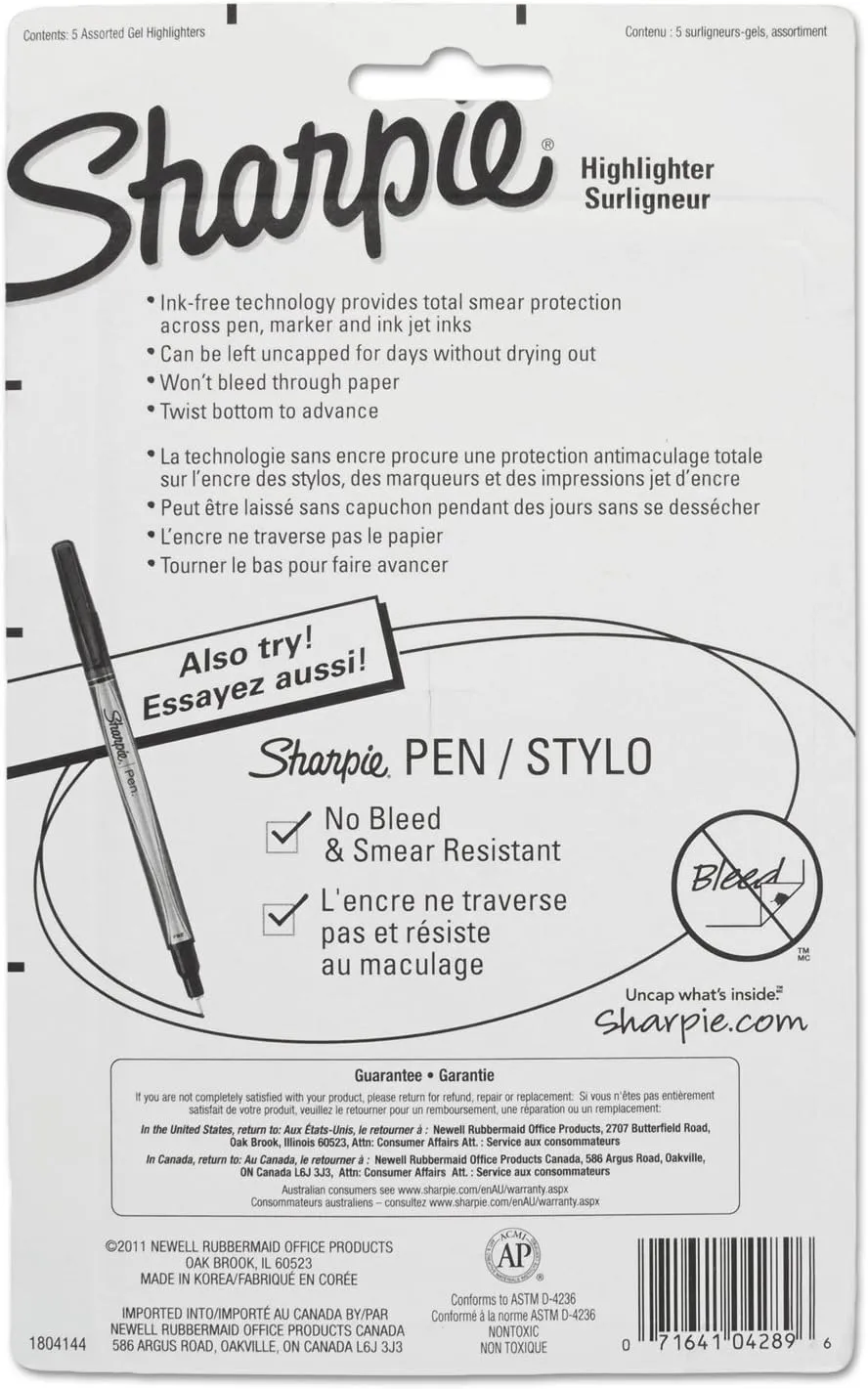 Sharpie Gel Highlighters, Bullet Tip, Assorted Fluorescent Colors, 5 Count