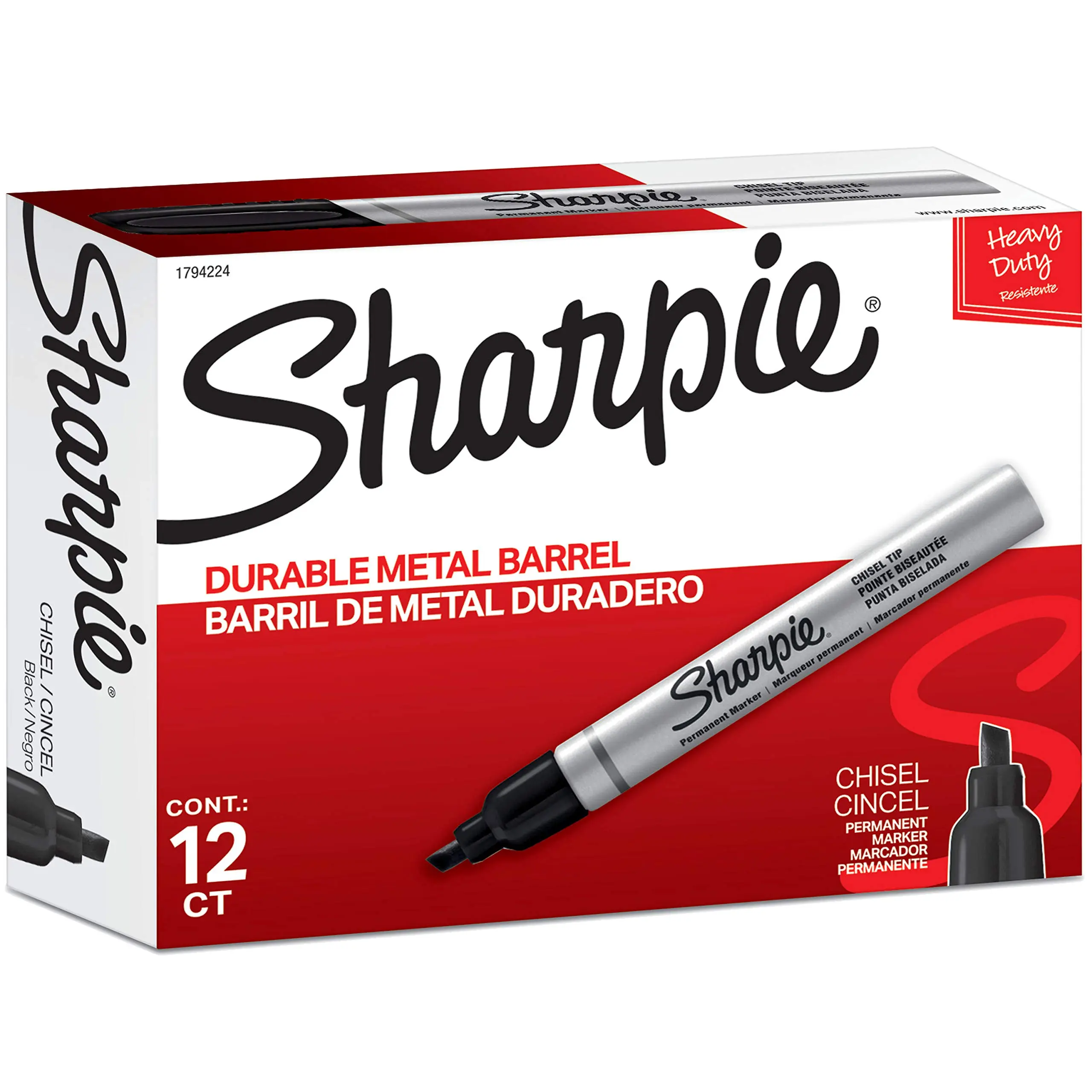 Sharpie Metal Barrel Chisel Permanent Markers, Black Ink, 12 Count