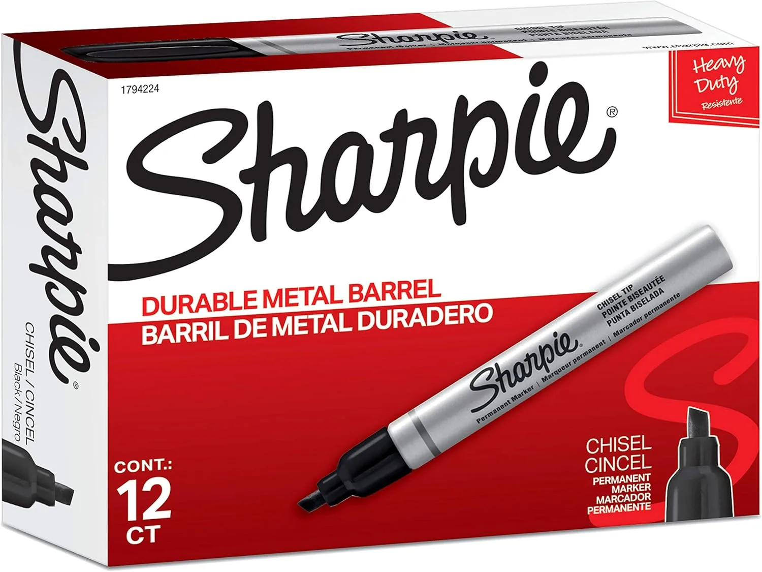 Sharpie Metal Barrel Chisel Permanent Markers, Black Ink, 12 Count