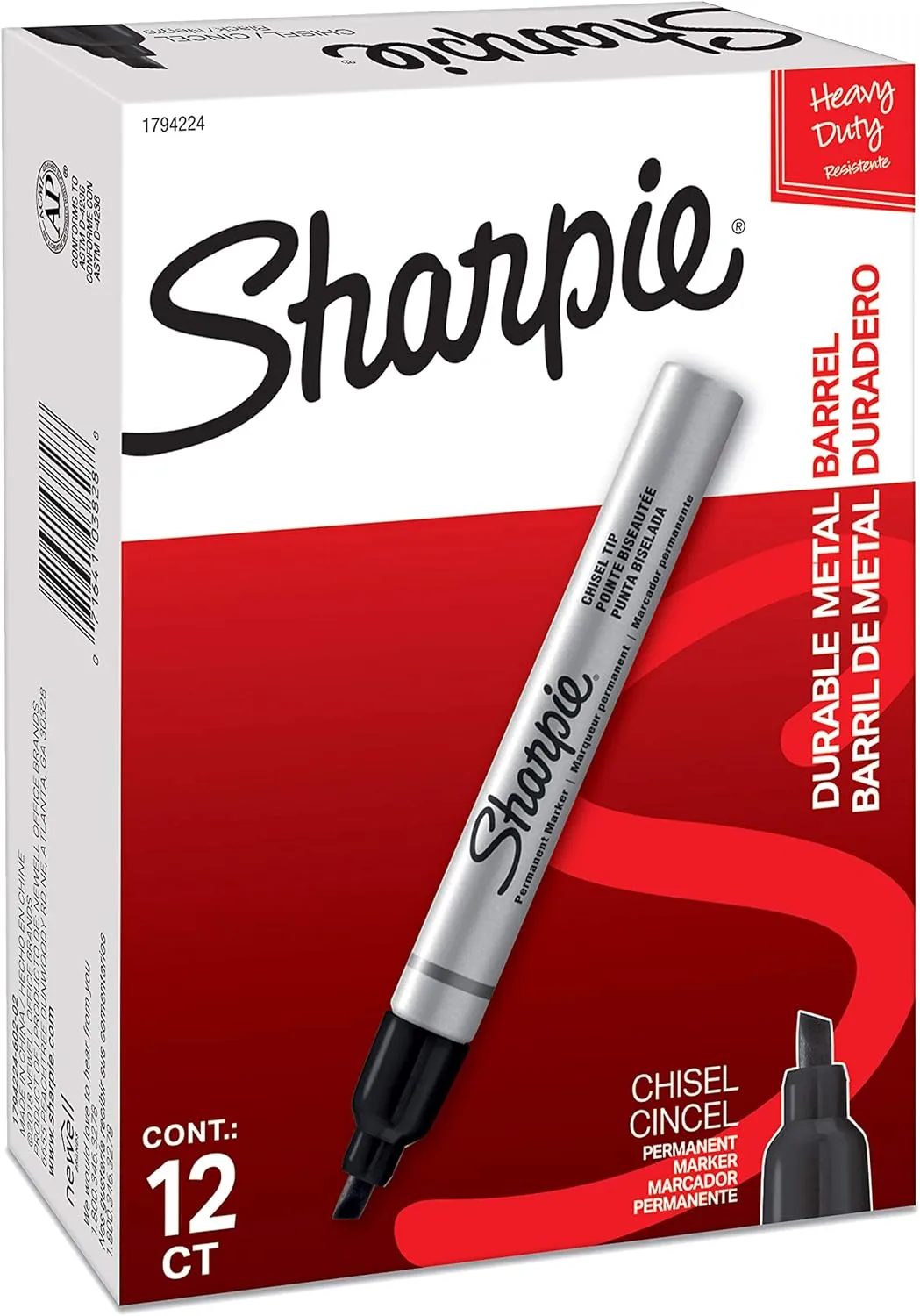 Sharpie Metal Barrel Chisel Permanent Markers, Black Ink, 12 Count