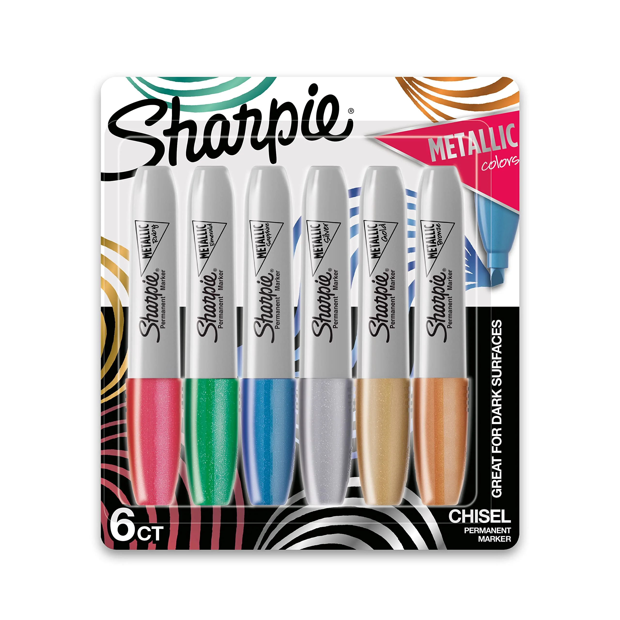Sharpie Metallic Permanent Markers, Chisel Tip, Assorted Metallic Colors, 6 Count