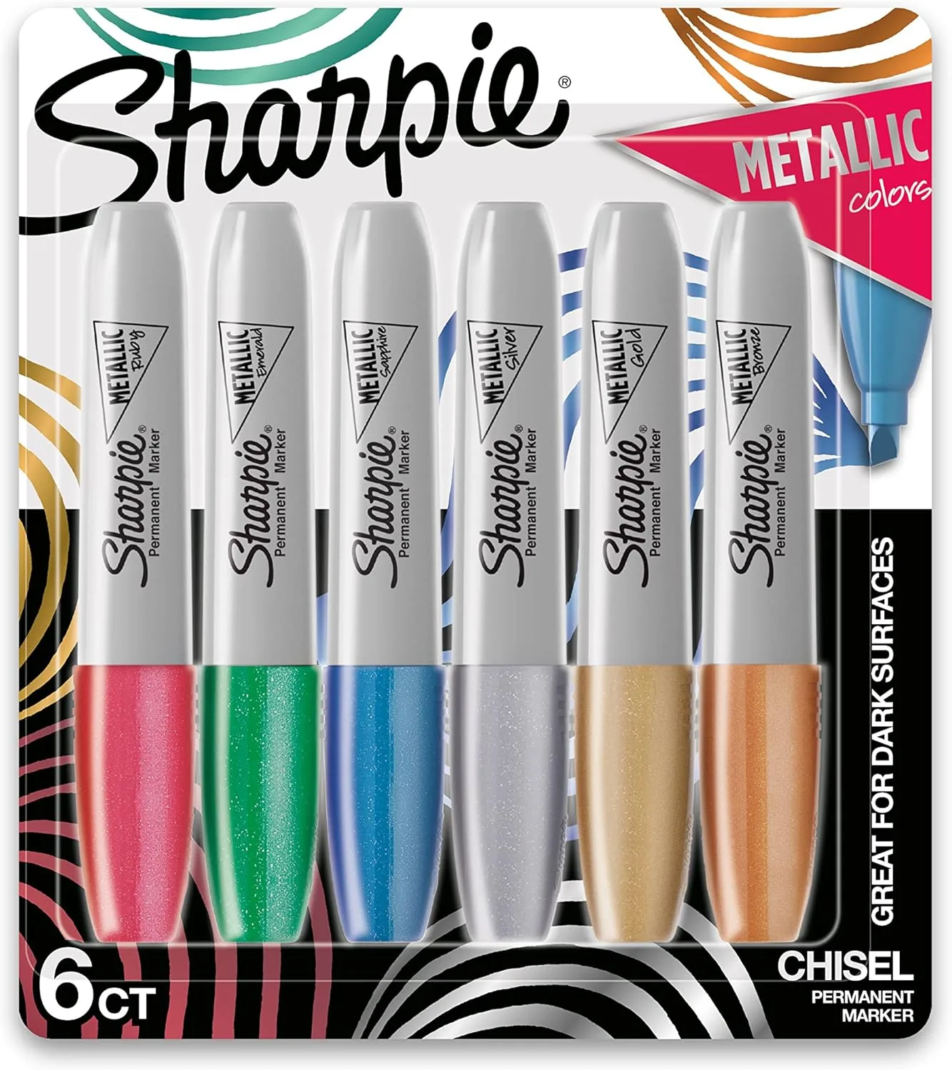 Sharpie Metallic Permanent Markers, Chisel Tip, Assorted Metallic Colors, 6 Count