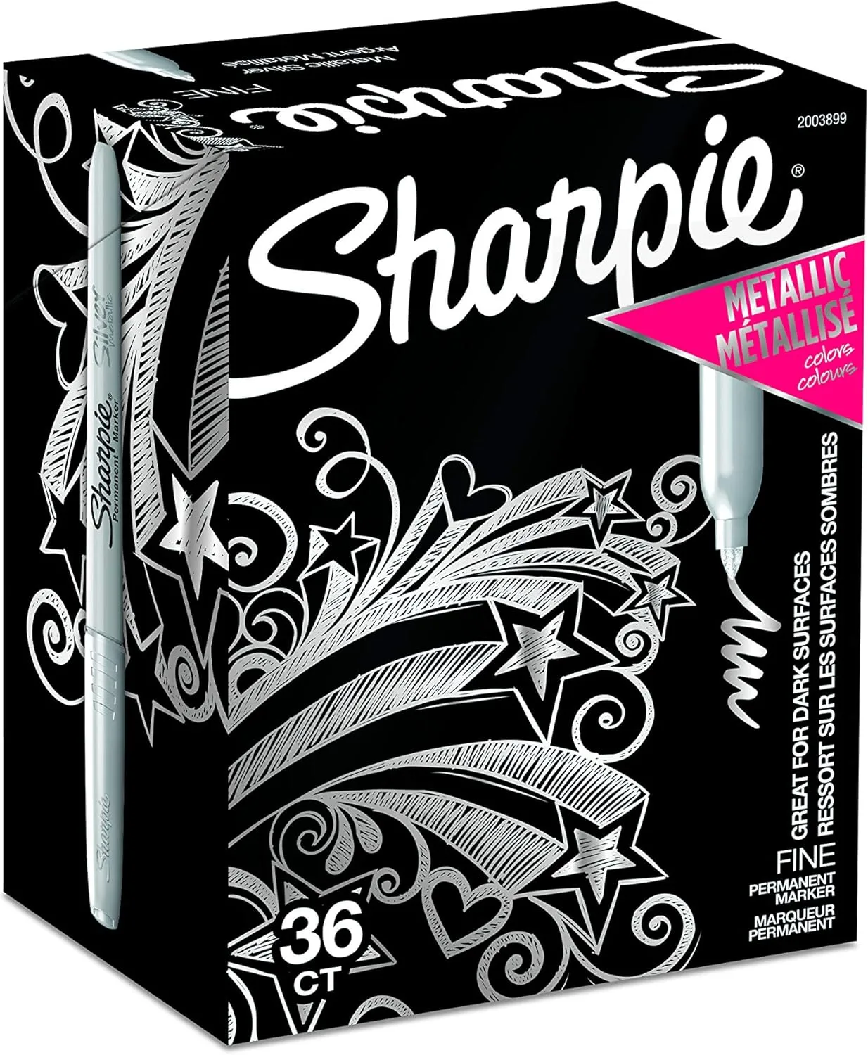 Sharpie Metallic Permanent Markers, Fine Point, Metallic Silver, Pack Of 36