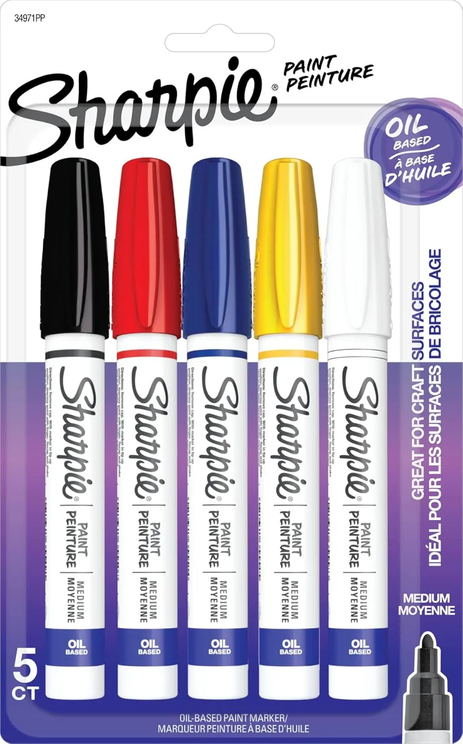 Sharpie Oil-Based Paint Markers, Medium Point, Assorted Colors - 5 Count