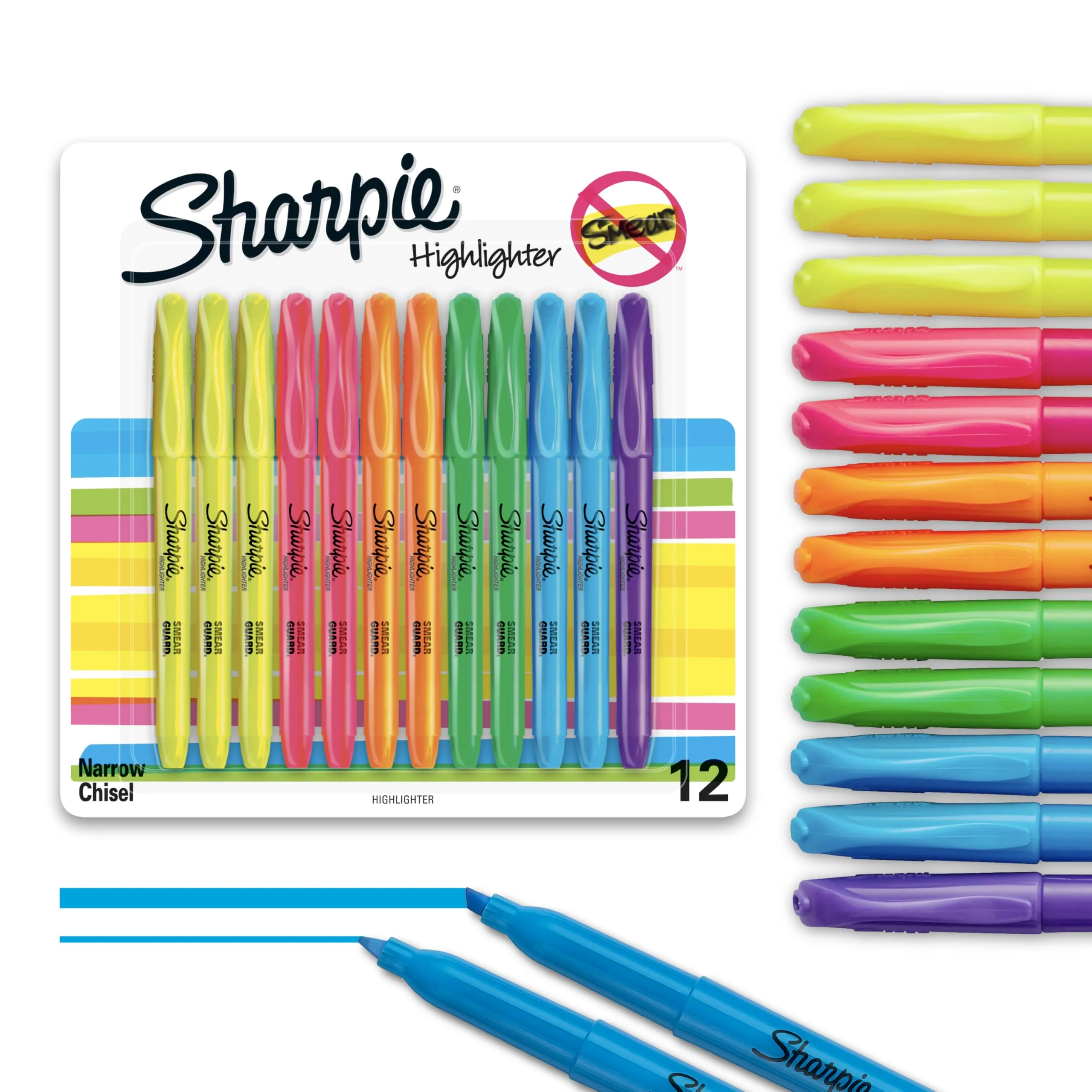 Sharpie Pocket Highlighters, Chisel Tip, Assorted Fluorescent Colors, 12 Count