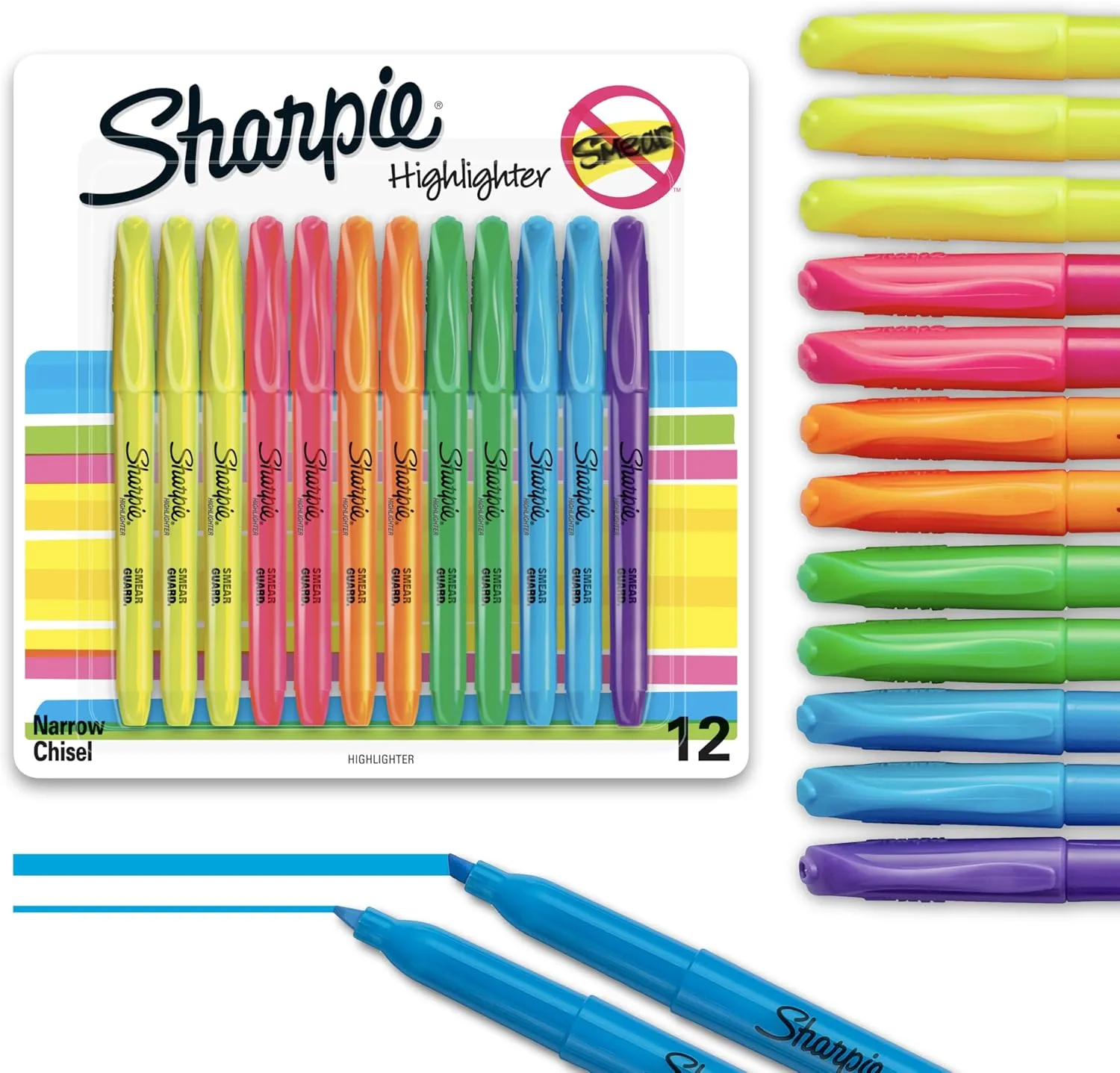 Sharpie Pocket Highlighters, Chisel Tip, Assorted Fluorescent Colors, 12 Count