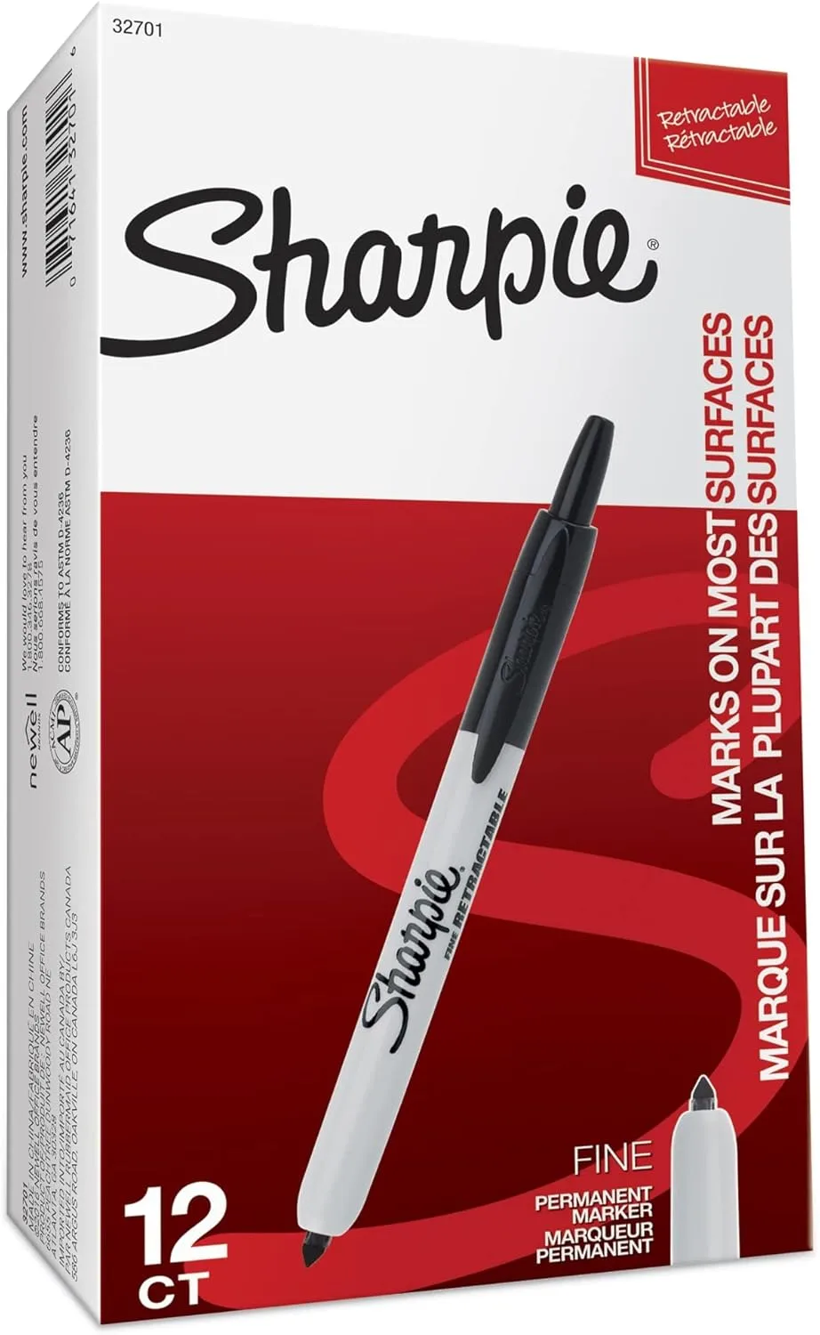 Sharpie Retractable Permanent Markers, Fine Point, Black, Box Of 12