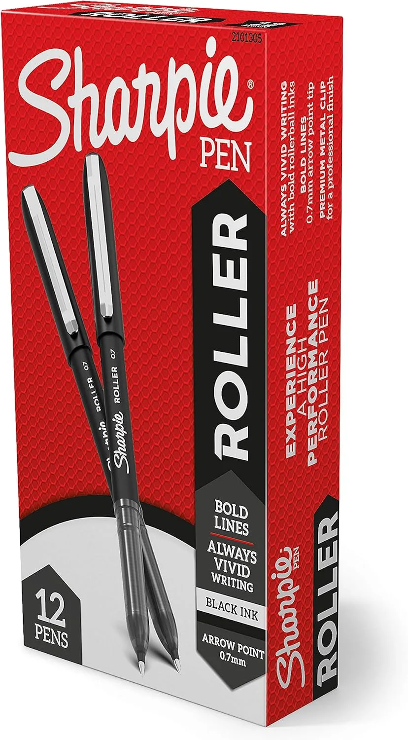 Sharpie Rollerball Pen, Arrow Point (0.7mm) Pen for Bold Lines, Black Ink, 12 Count