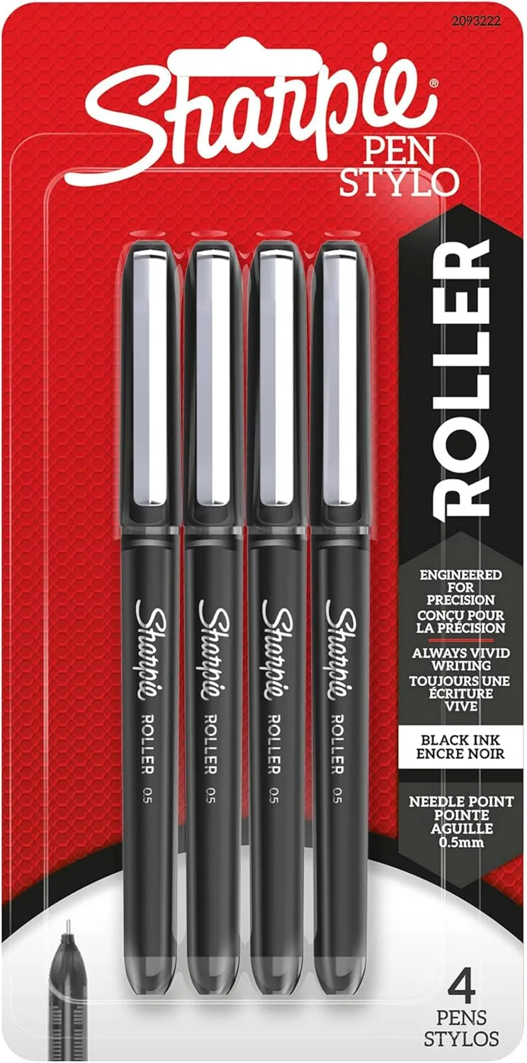 Sharpie Rollerball Pens, Needle Point 0.5mm, Black Ink, Pack of 4