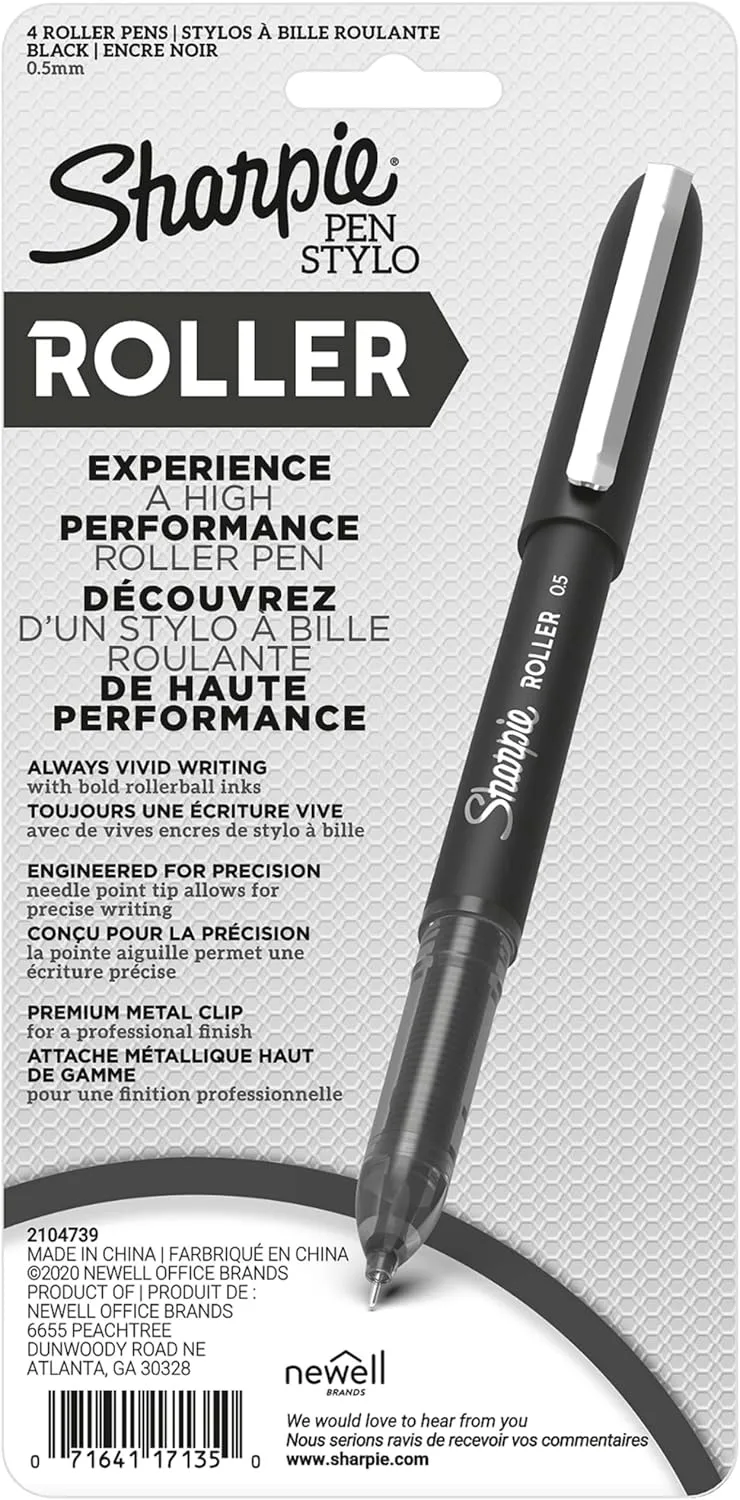 Sharpie Rollerball Pens, Needle Point 0.5mm, Black Ink, Pack of 4