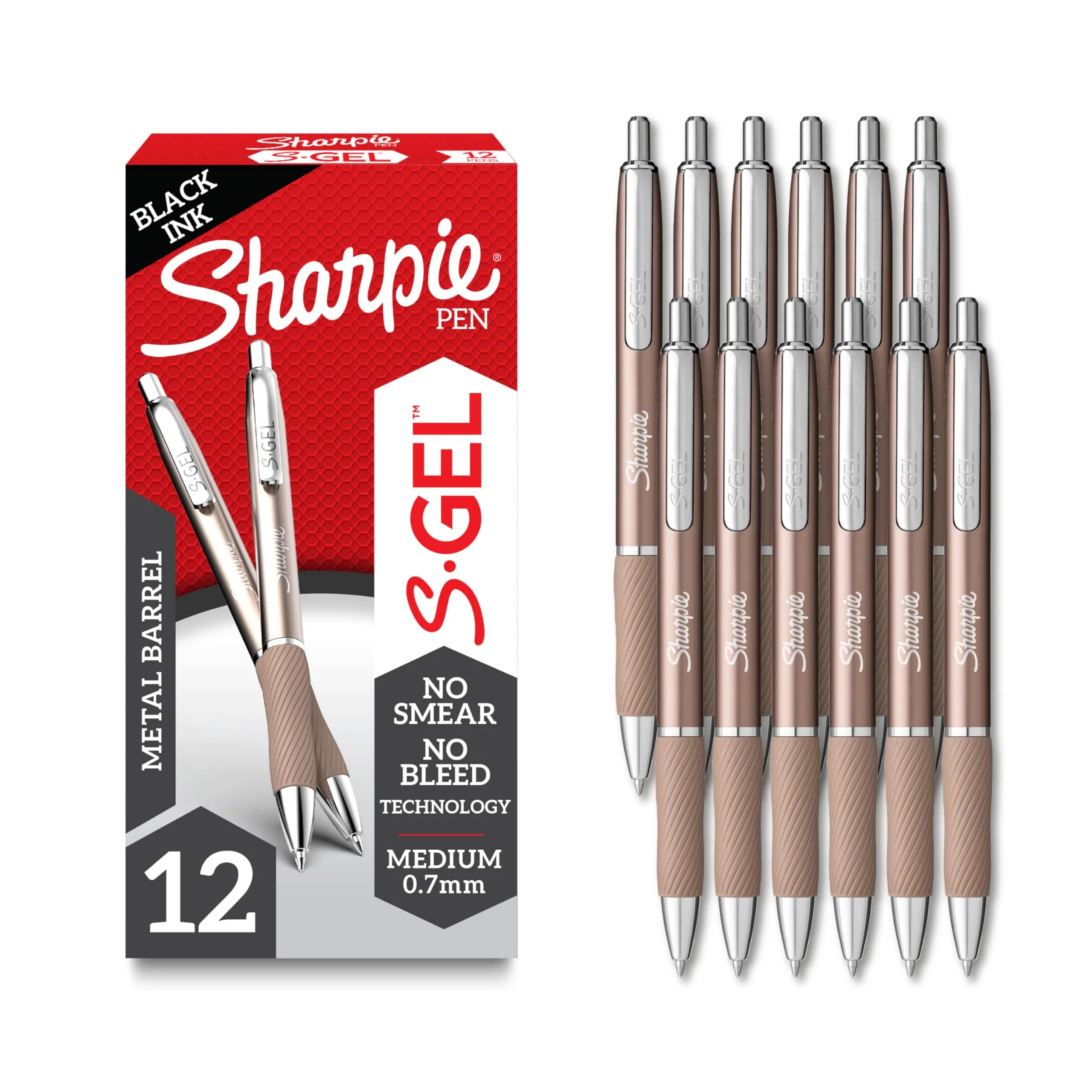 Sharpie S-Gel, Gel Ink Pens, Medium Point (0.7mm), Sleek Metal Barrel, Black Ink, 12 Count - Champagne with Black Ink