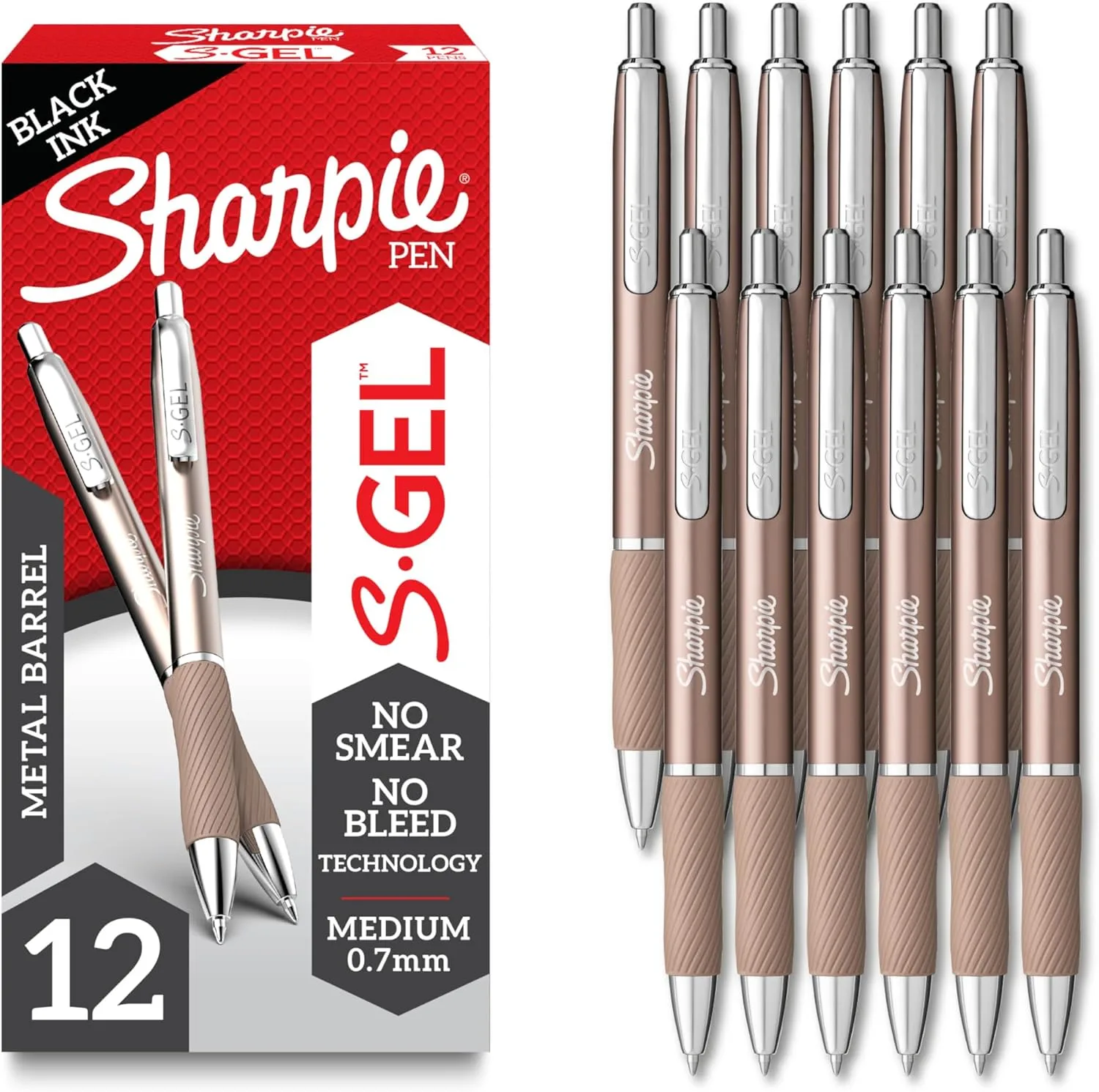 Sharpie S-Gel, Gel Ink Pens, Medium Point (0.7mm), Sleek Metal Barrel, Black Ink, 12 Count - Champagne with Black Ink
