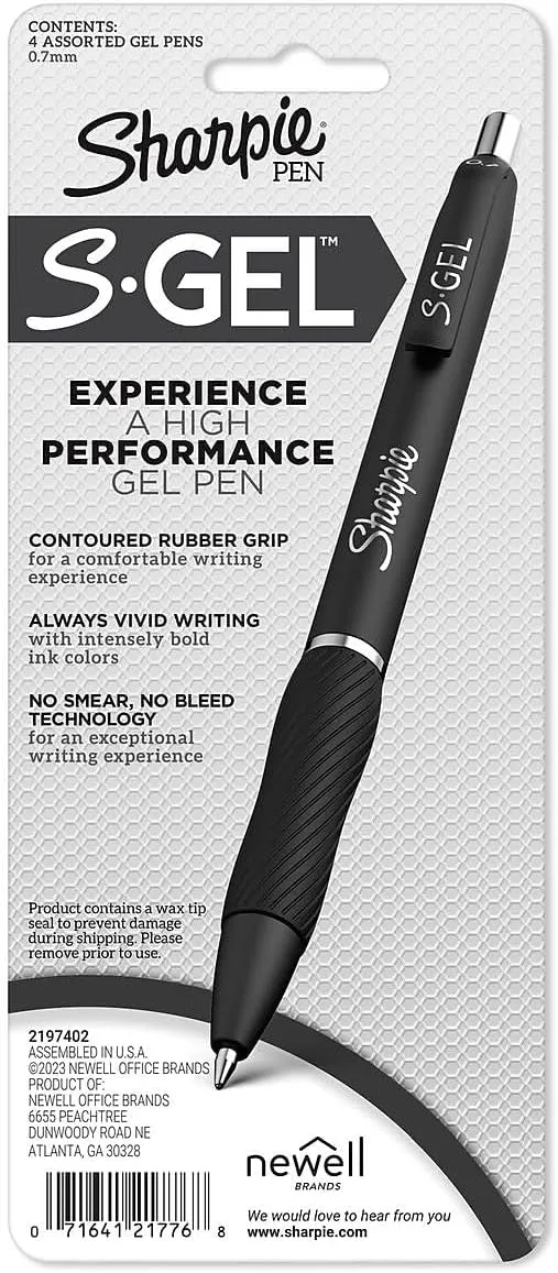 Sharpie S-Gel Gel Pens Drawing Pens Gel Ink for Journaling Writing Coloring Medium Point (0.7mm) White Barrel Assorted Ink Colors 4 Count