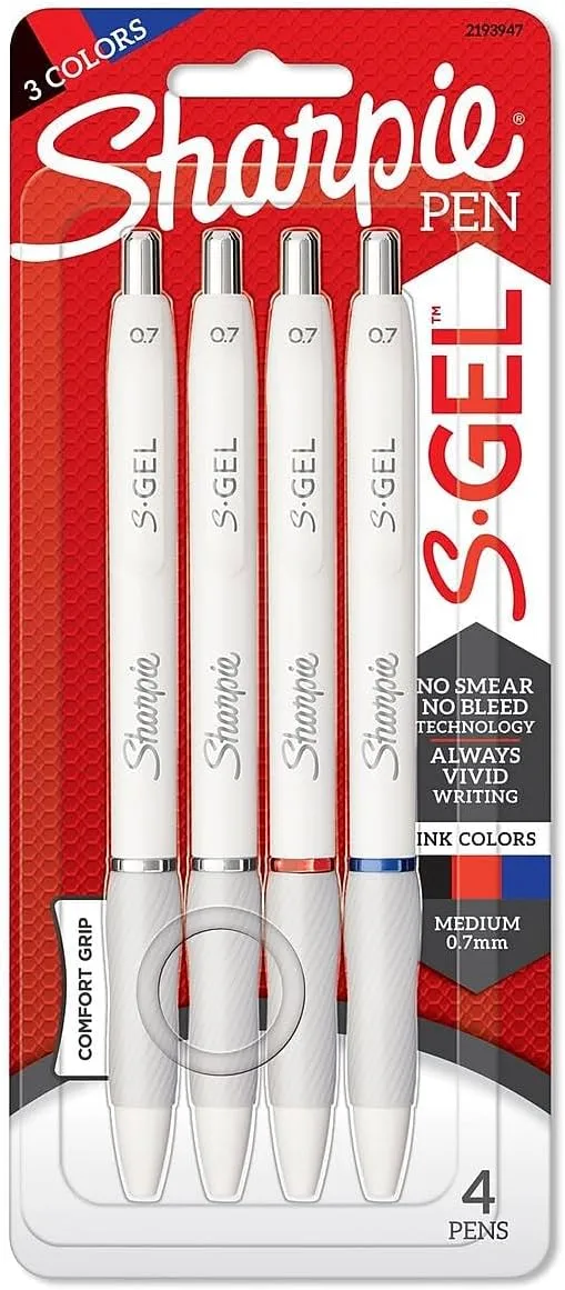 Sharpie S-Gel Gel Pens Drawing Pens Gel Ink for Journaling Writing Coloring Medium Point (0.7mm) White Barrel Assorted Ink Colors 4 Count