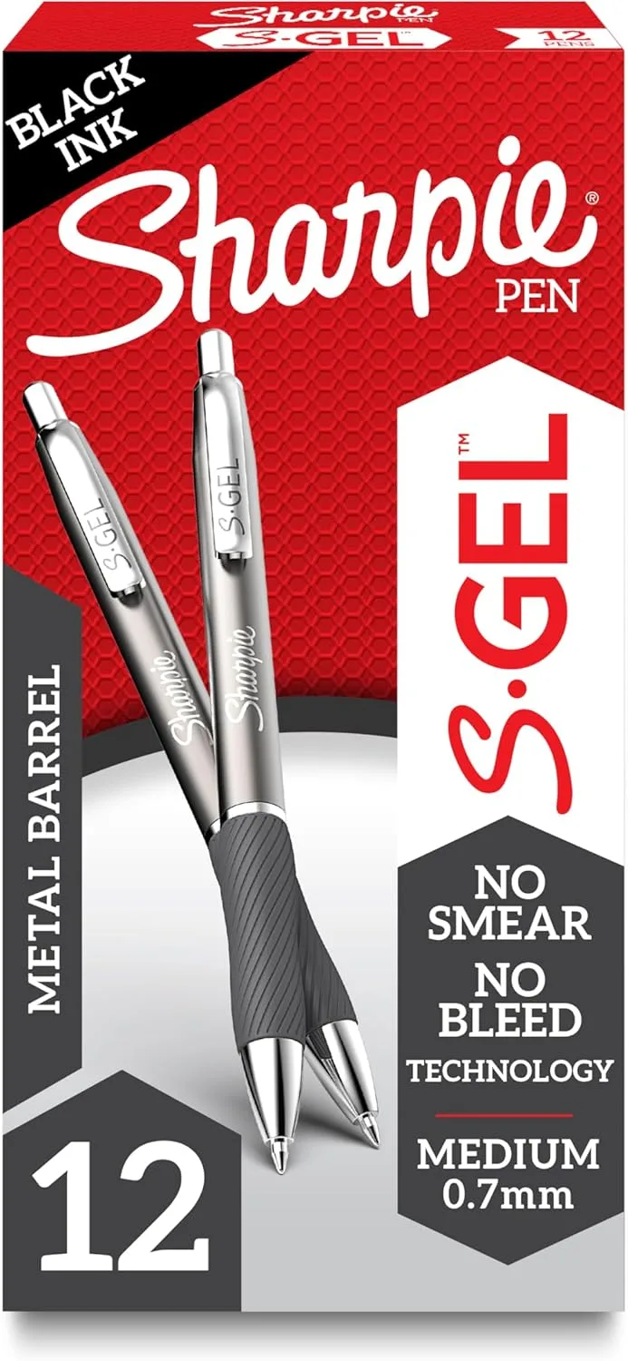 SHARPIE S-Gel Gel Pens, Sleek Metal Barrel, Medium Point (0.7 mm), 12 Count