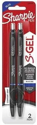 Sharpie S Gel Pens, Medium Point, 0.7 mm, Black Barrel, Blue Ink, Pack Of 2