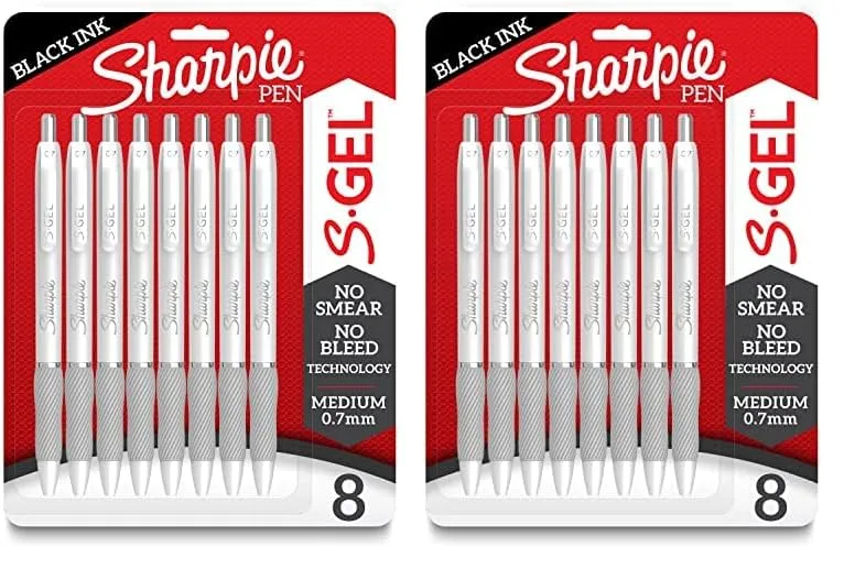 Sharpie S-Gel Fashion Barrel Gel Pens, Medium Point, 0.7 mm, White Barrels/Black Ink, Pack Of 8 Pens