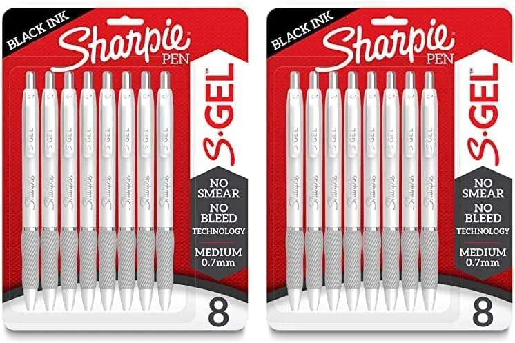 Sharpie S-Gel Fashion Barrel Gel Pens, Medium Point, 0.7 mm, White Barrels/Black Ink, Pack Of 8 Pens