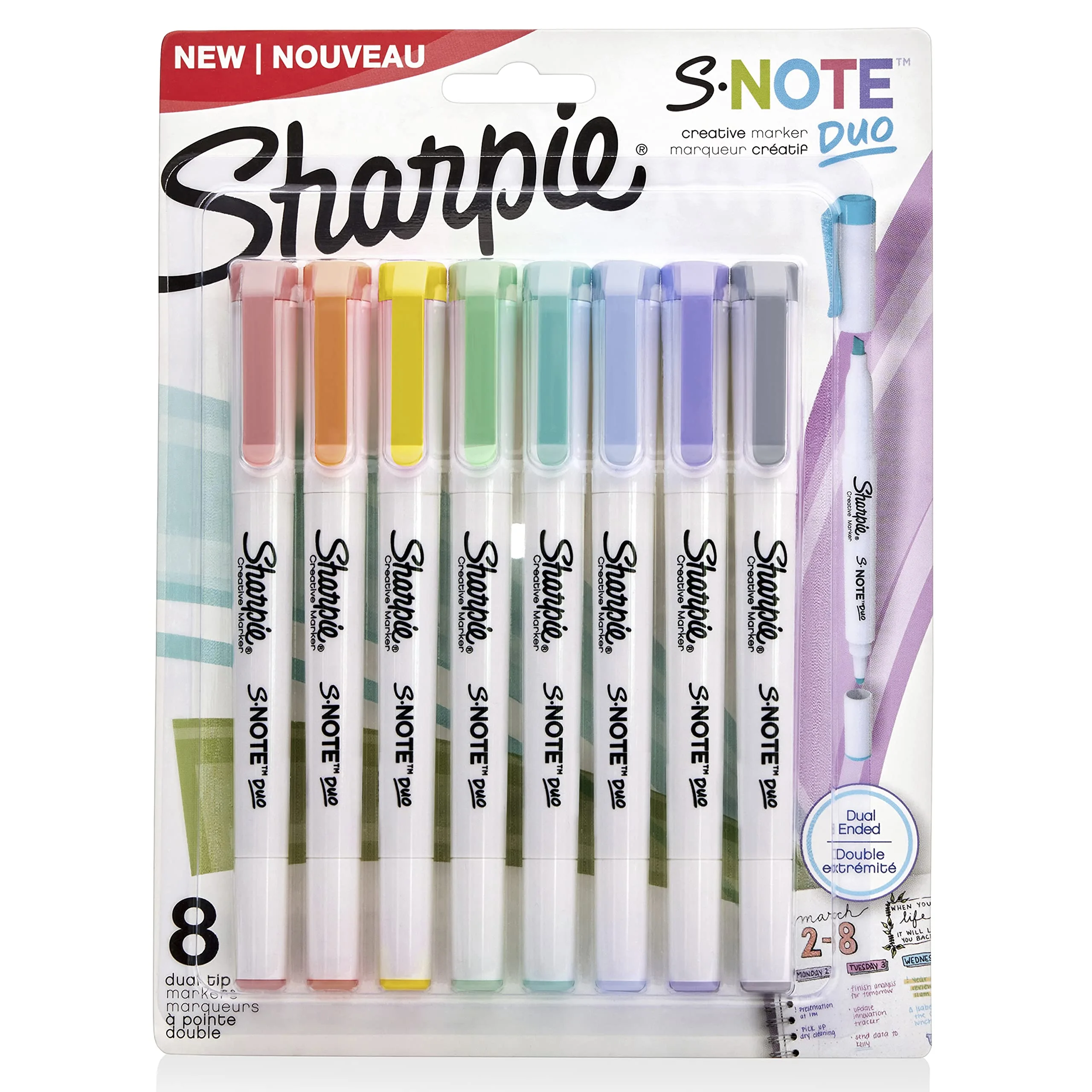 Sharpie S-Note Duo Dual-Tipped Markers, Bullet & Chisel, Assorted Colors, 8 Pack