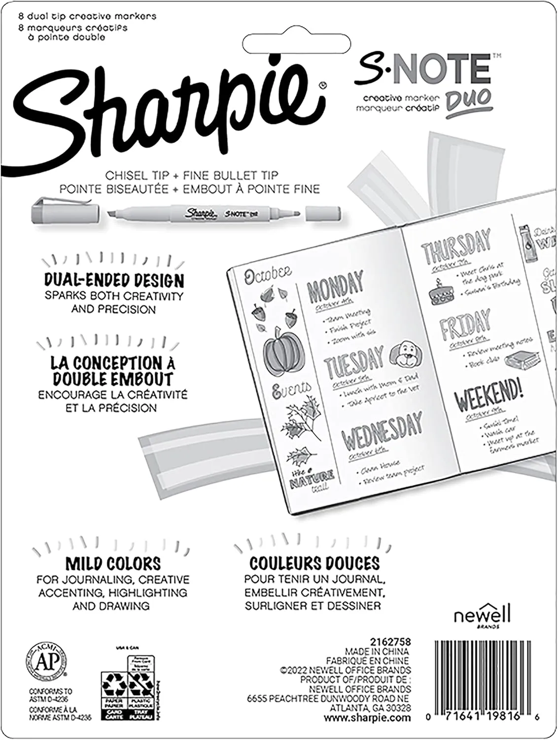 Sharpie S-Note Duo Dual-Tipped Markers, Bullet & Chisel, Assorted Colors, 8 Pack