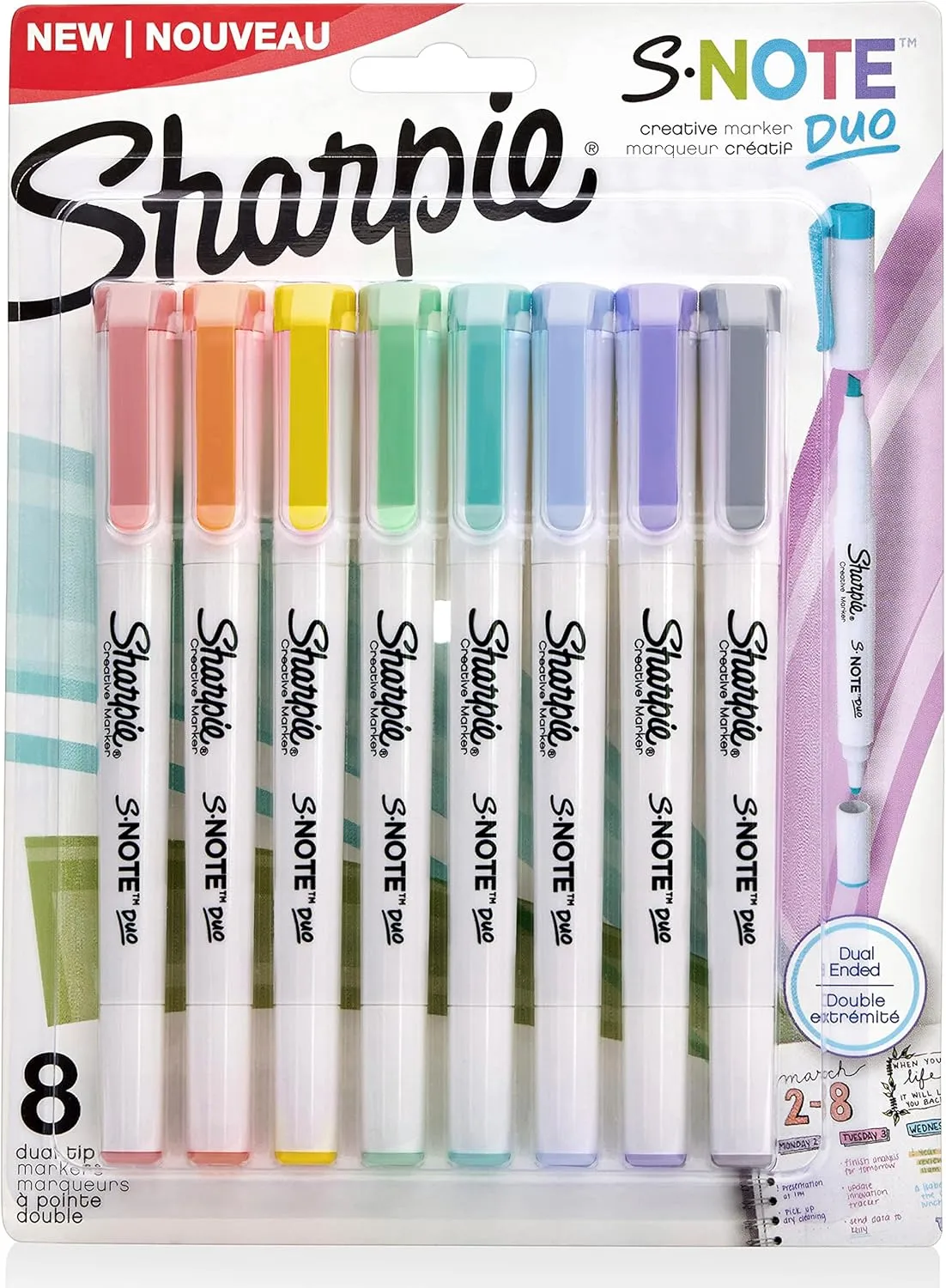 Sharpie S-Note Duo Dual-Tipped Markers, Bullet & Chisel, Assorted Colors, 8 Pack